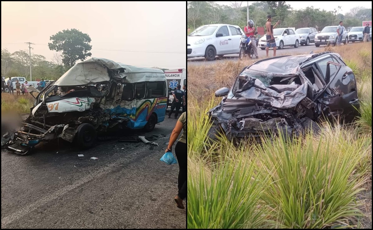 Choque entre auto y transporte público en carretera de Tabasco deja 12 personas muertas 