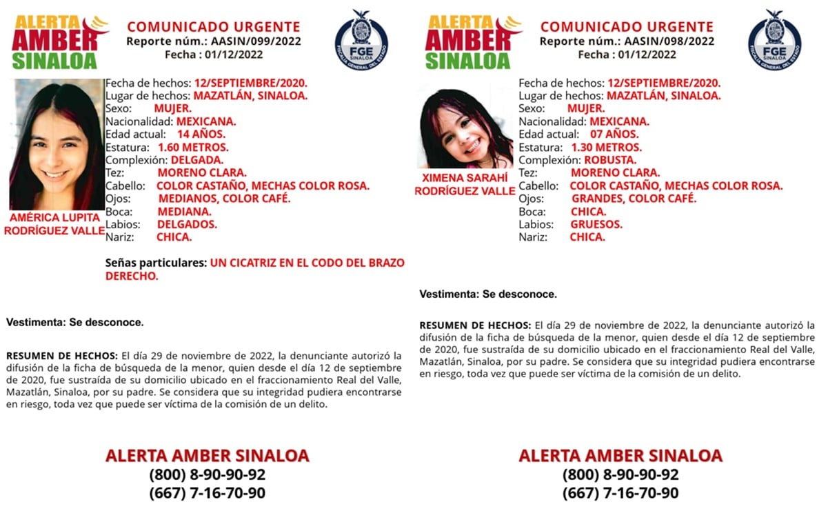 Emiten Alerta Amber por América Lupita y Ximena Sarahí, hermanitas sustraídas por su papá en Sinaloa 