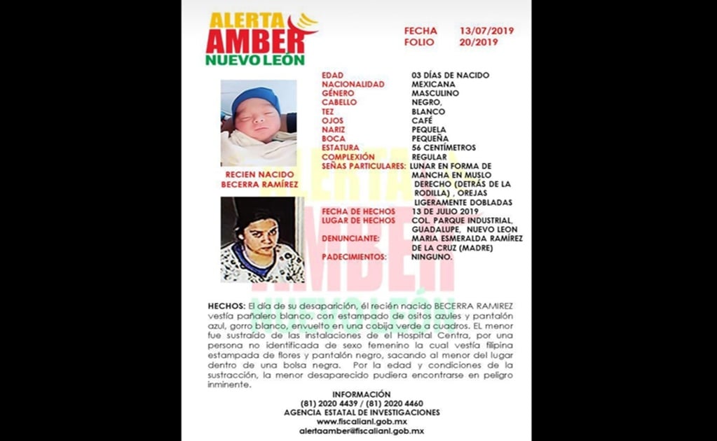 Activan Alerta Amber por desaparición de recién nacido en Nuevo León