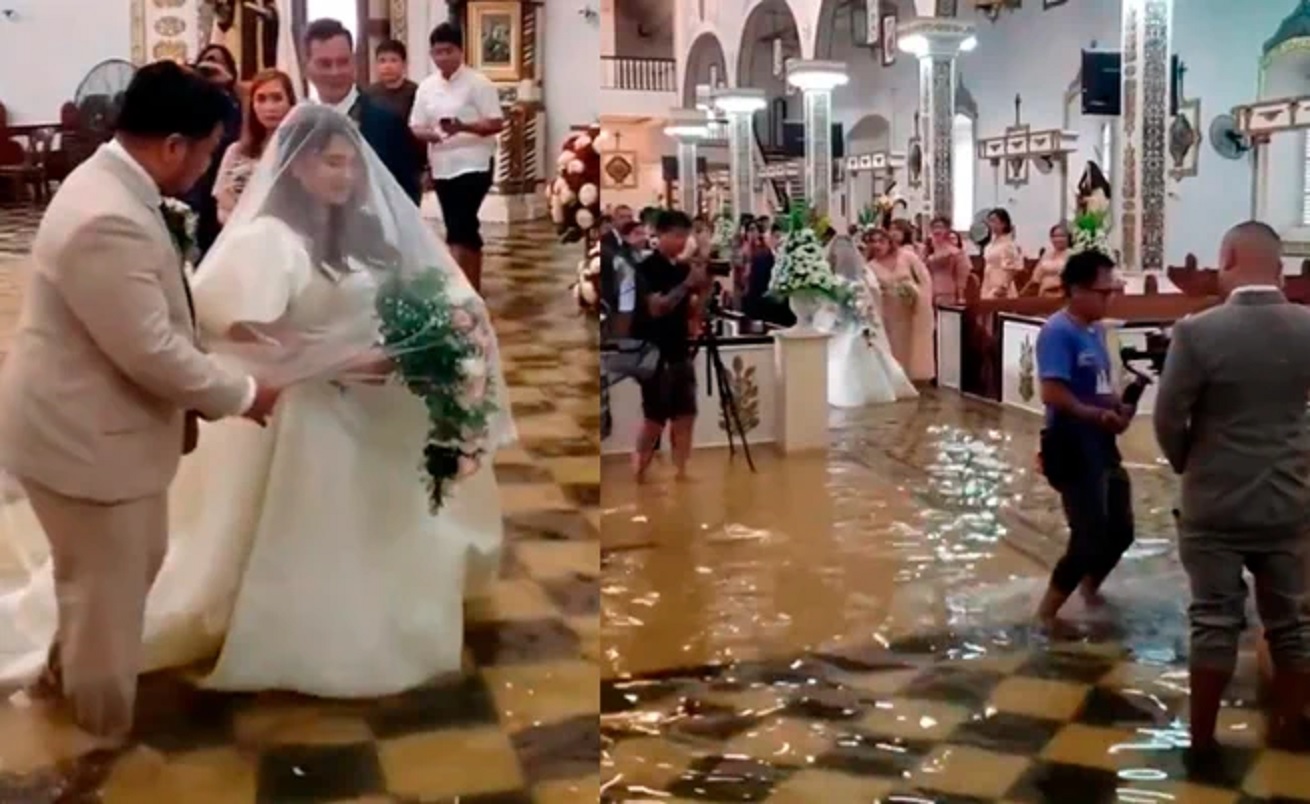 VIDEO: ¡Ni el tifón los detuvo! Pareja se casa en iglesia inundada en Filipinas