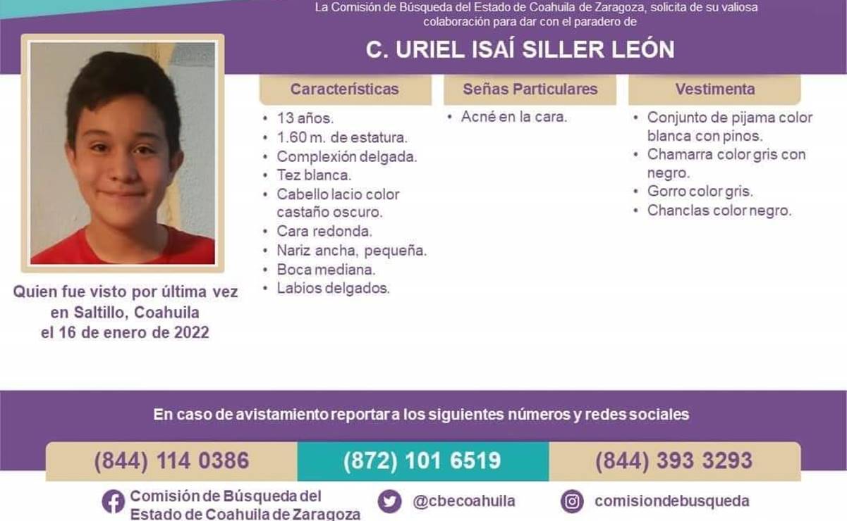 Buscan a Uriel Isaí de 13 años desaparecido en Saltillo, Coahuila