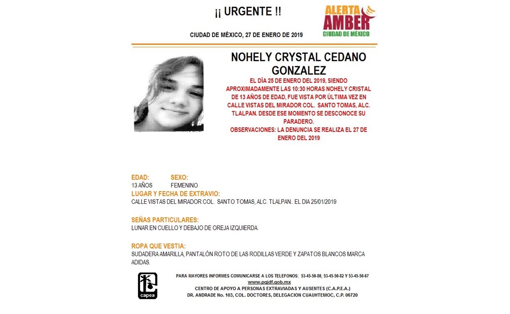 Activan Alerta Amber para localizar a Nohely Crystal Cedano en Tlalpan