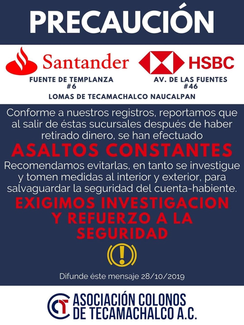Colonos de Tecamachalco alertan de asaltos en bancos 