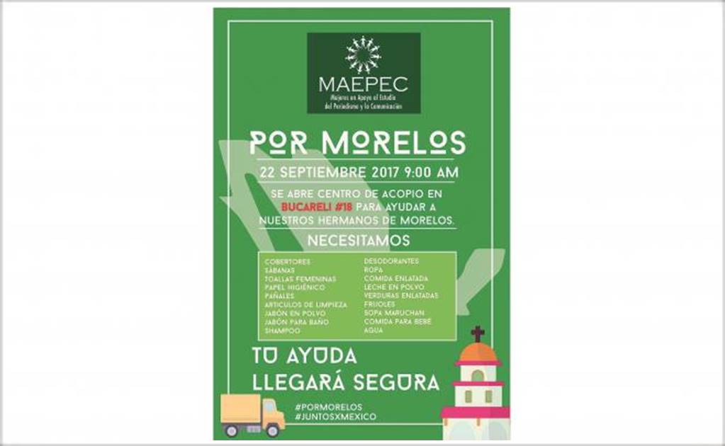 MAEPEC inicia acopio de víveres para víctimas de sismo en Morelos