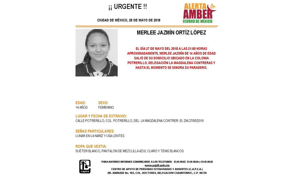 Alerta Amber. Buscan a Merlee Jazmín Ortíz en Magdaelena Contreras 