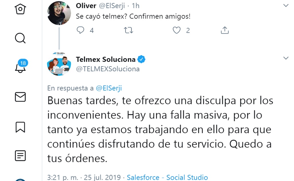 Reporta Telmex falla "masiva" en servicio de internet