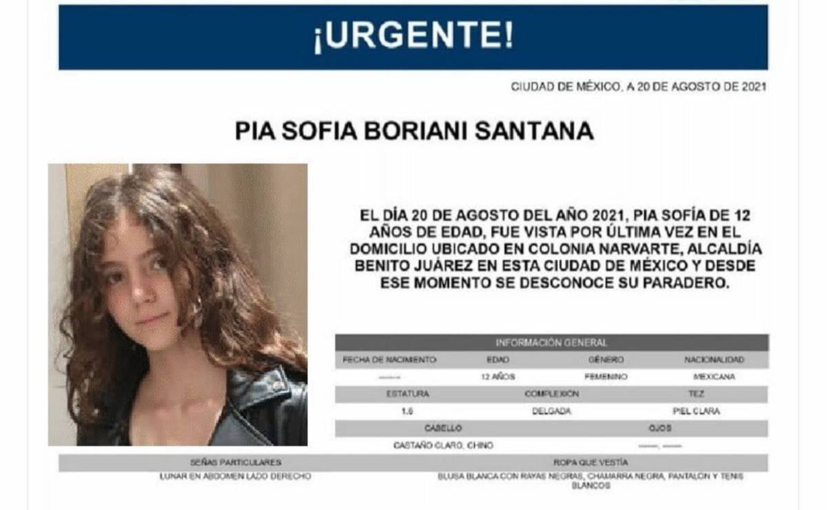 Localizan a Pía Sofía Boriani, niña de 12 años reportada como desaparecida en la Narvarte