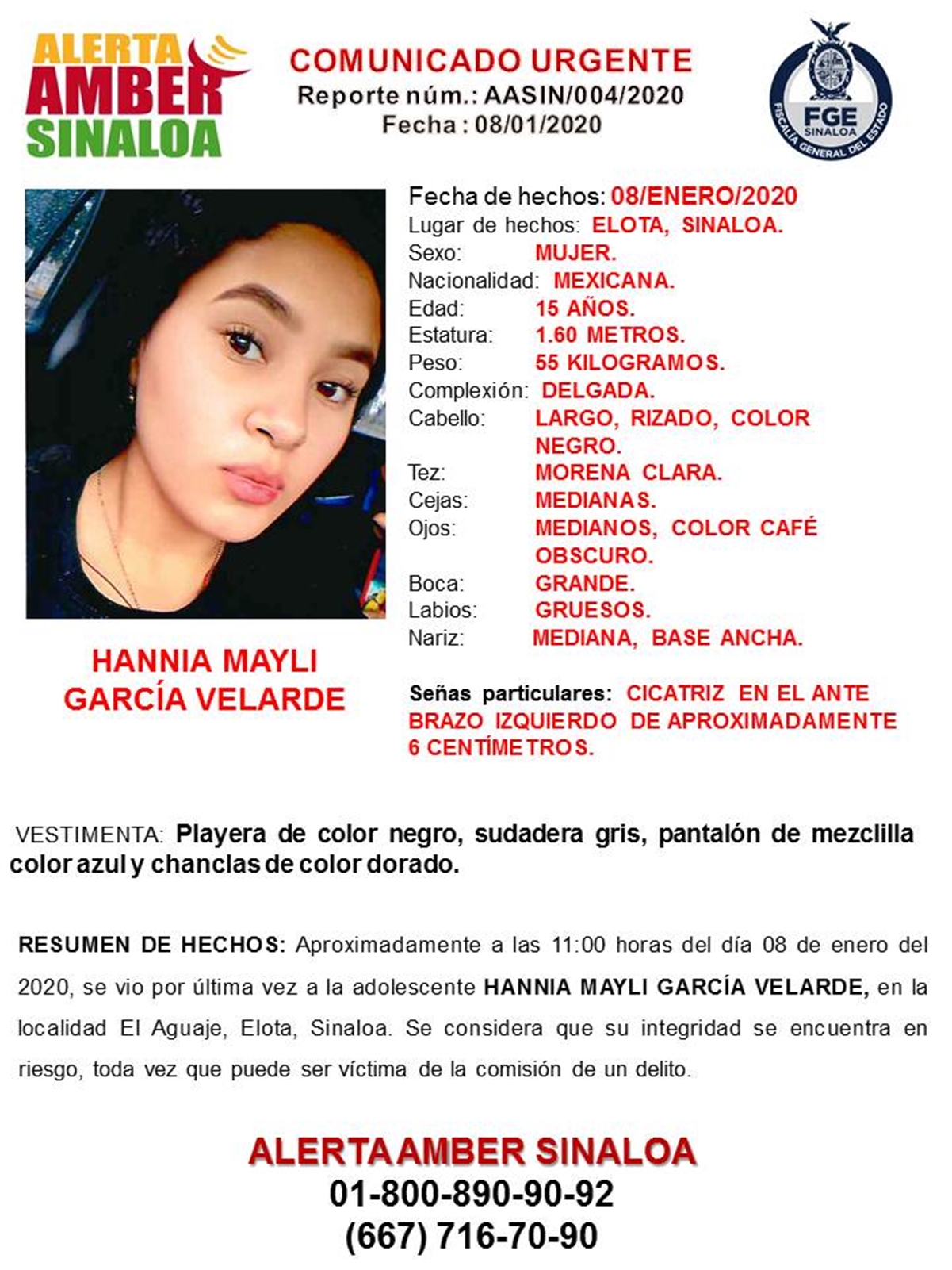 Activan alerta amber para localizar a Hannia Mayli en Sinaloa 