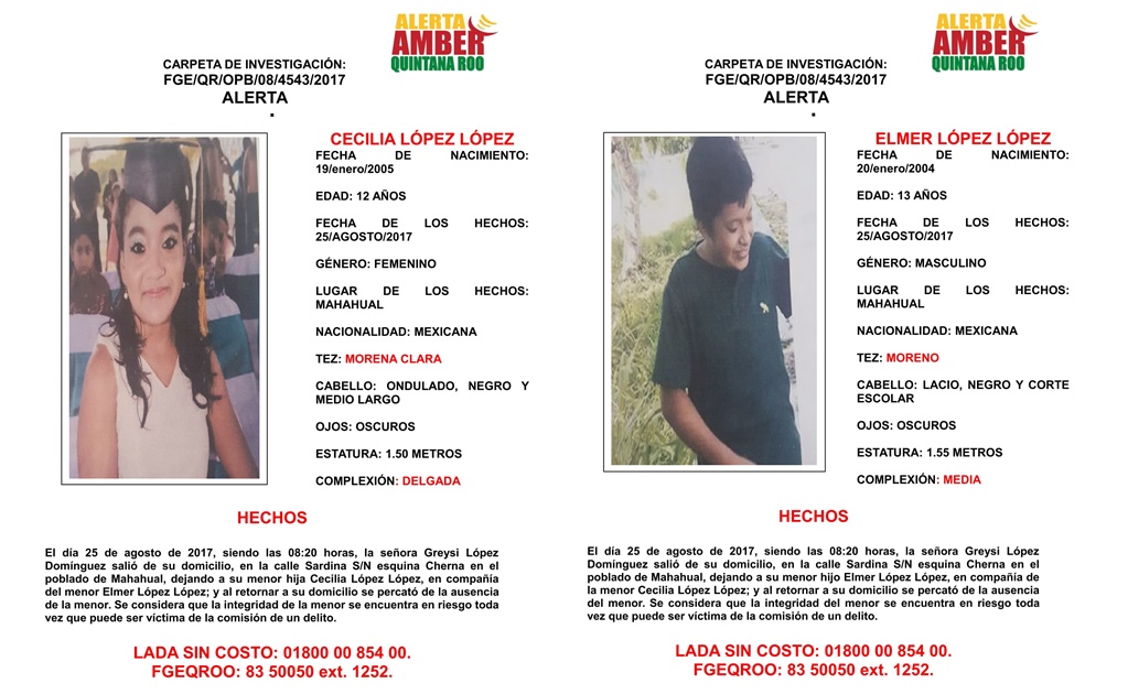 Emiten Alerta Amber en Q.Roo por desaparición de dos menores