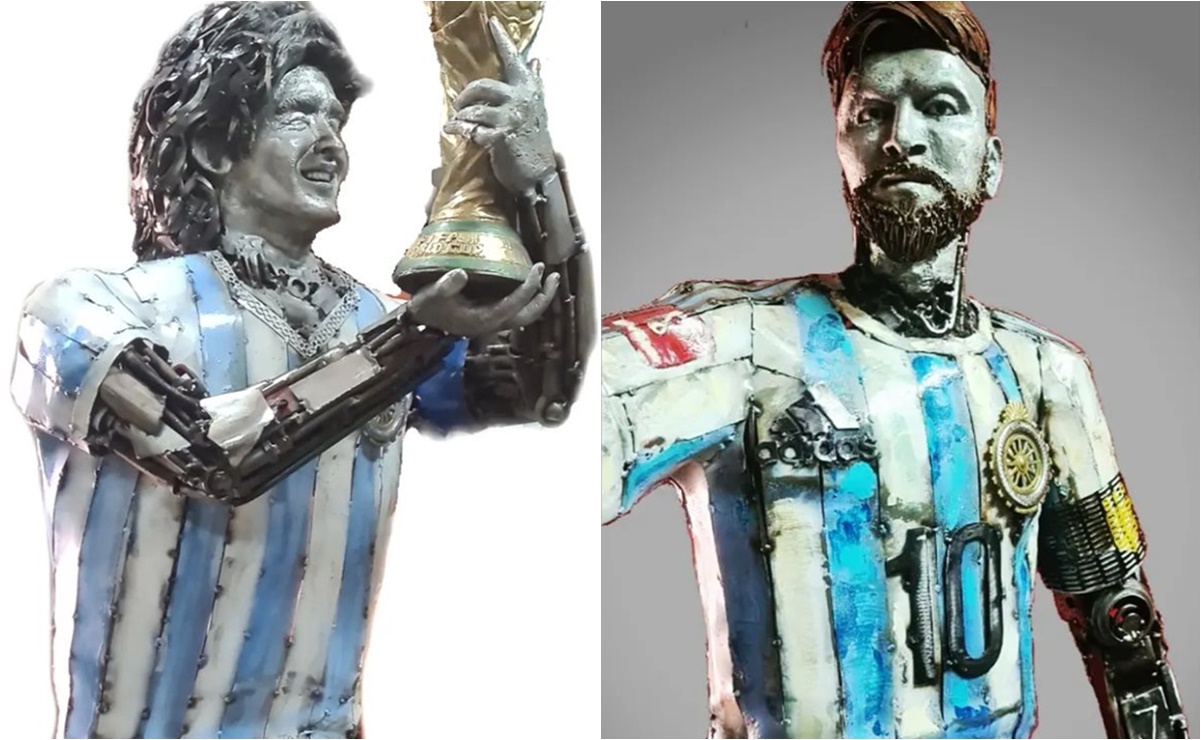 Artista argentino lleva a Qatar esculturas de Messi y Maradona hechas con basura 