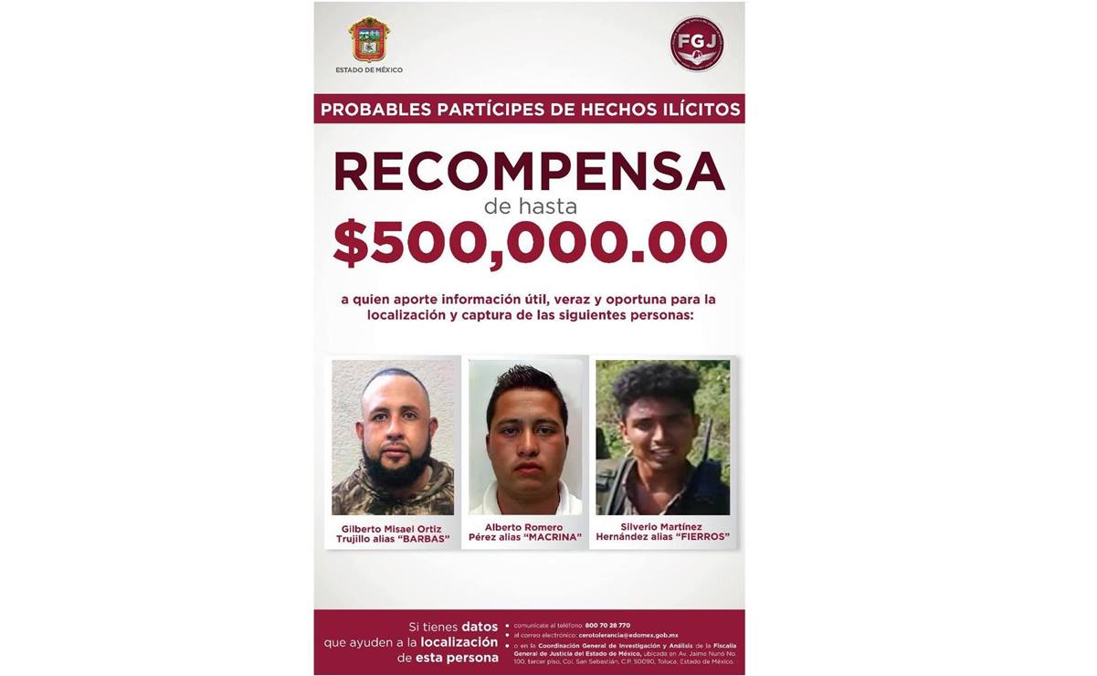 Buscan a "El Macrina”, “El Fierros” y “El Barbas” por emboscada en Edomex; ofrecen recompensa por medio millón de pesos