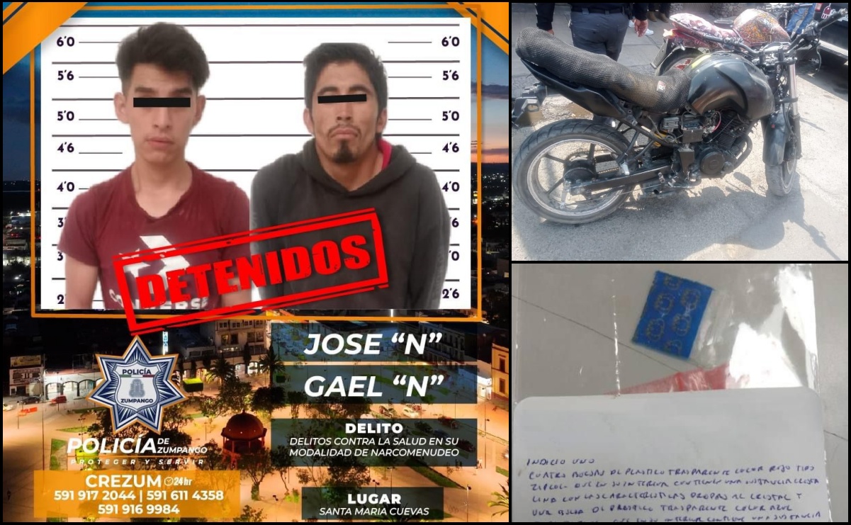 Detienen a 2 en Zumpango por circular en motocicleta sin placas y les encuentran droga