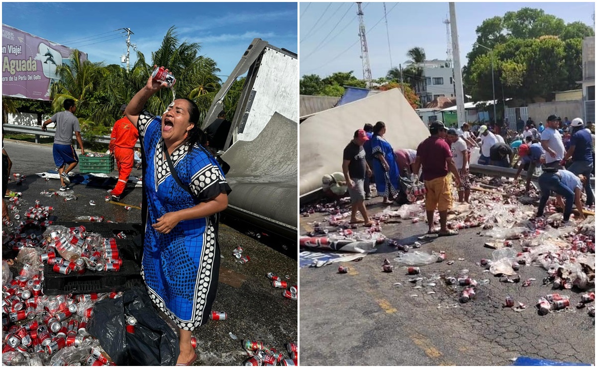 Mujer se baña en cerveza tras volcadura de camión en Campeche y se viraliza: "una lavadita y pa' la fiesta"