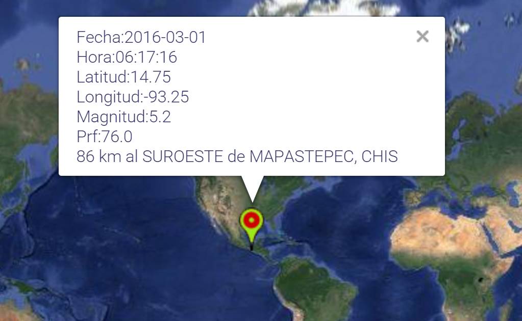 Se registra sismo en Mapastepec, Chiapas