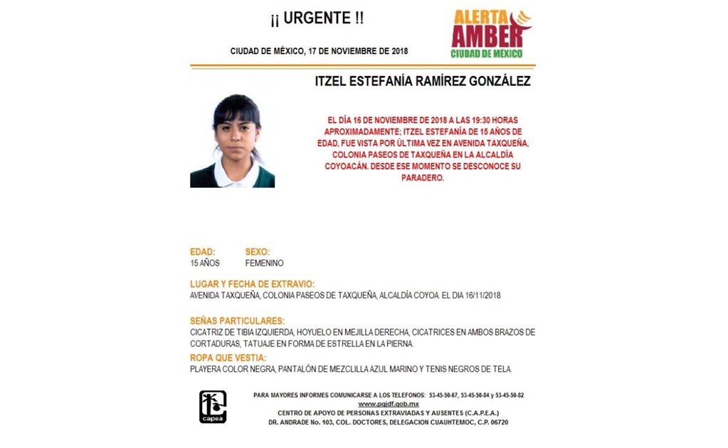 Activan Alerta Amber para encontrar a Itzel Estefanía Ramírez González 