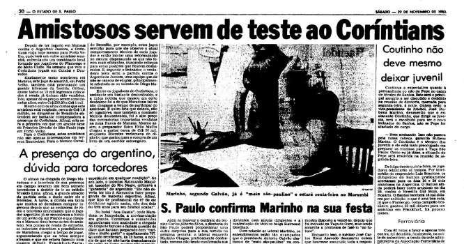 Único confronto entre Corinthians e Argentinos Juniors foi manchete do caderno de esportes do 'Estadão', em 1980.