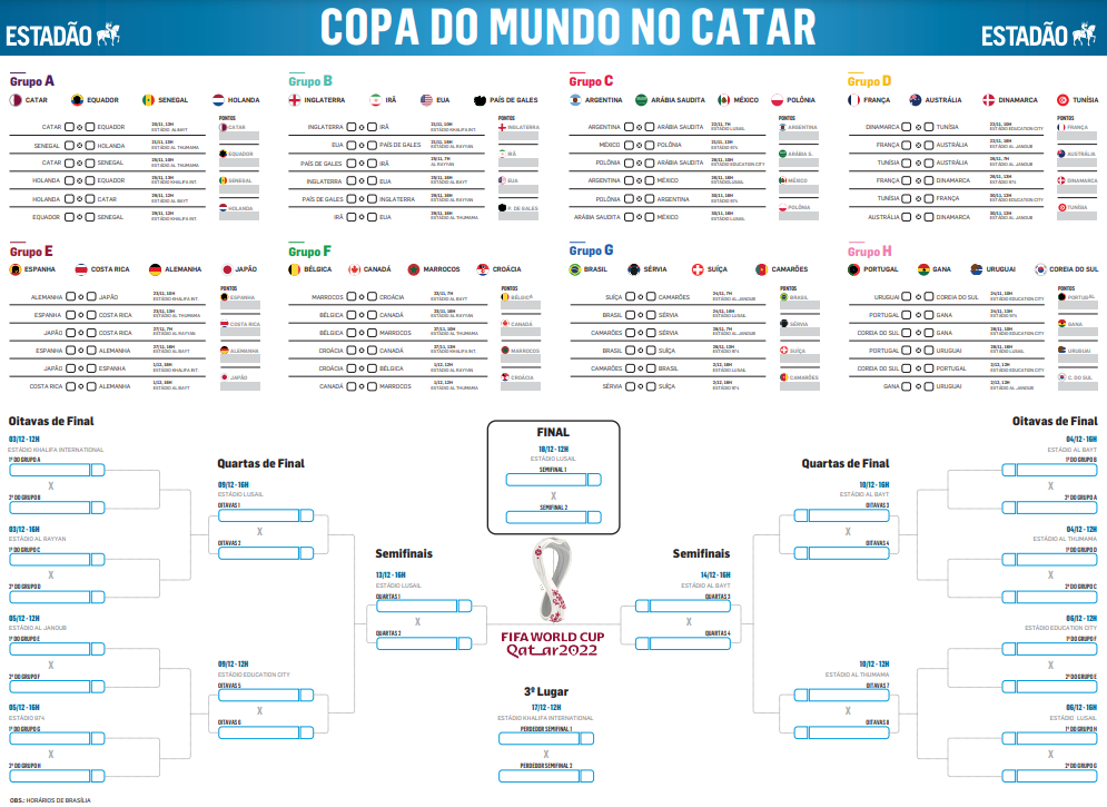 Baixe a tabela da Copa do Mundo 2022 em PDF - Estadão