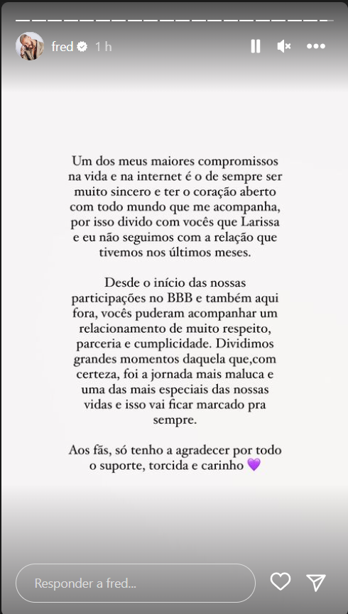 Fred Bruno mostra momento íntimo com Larissa após fim do 'BBB 23