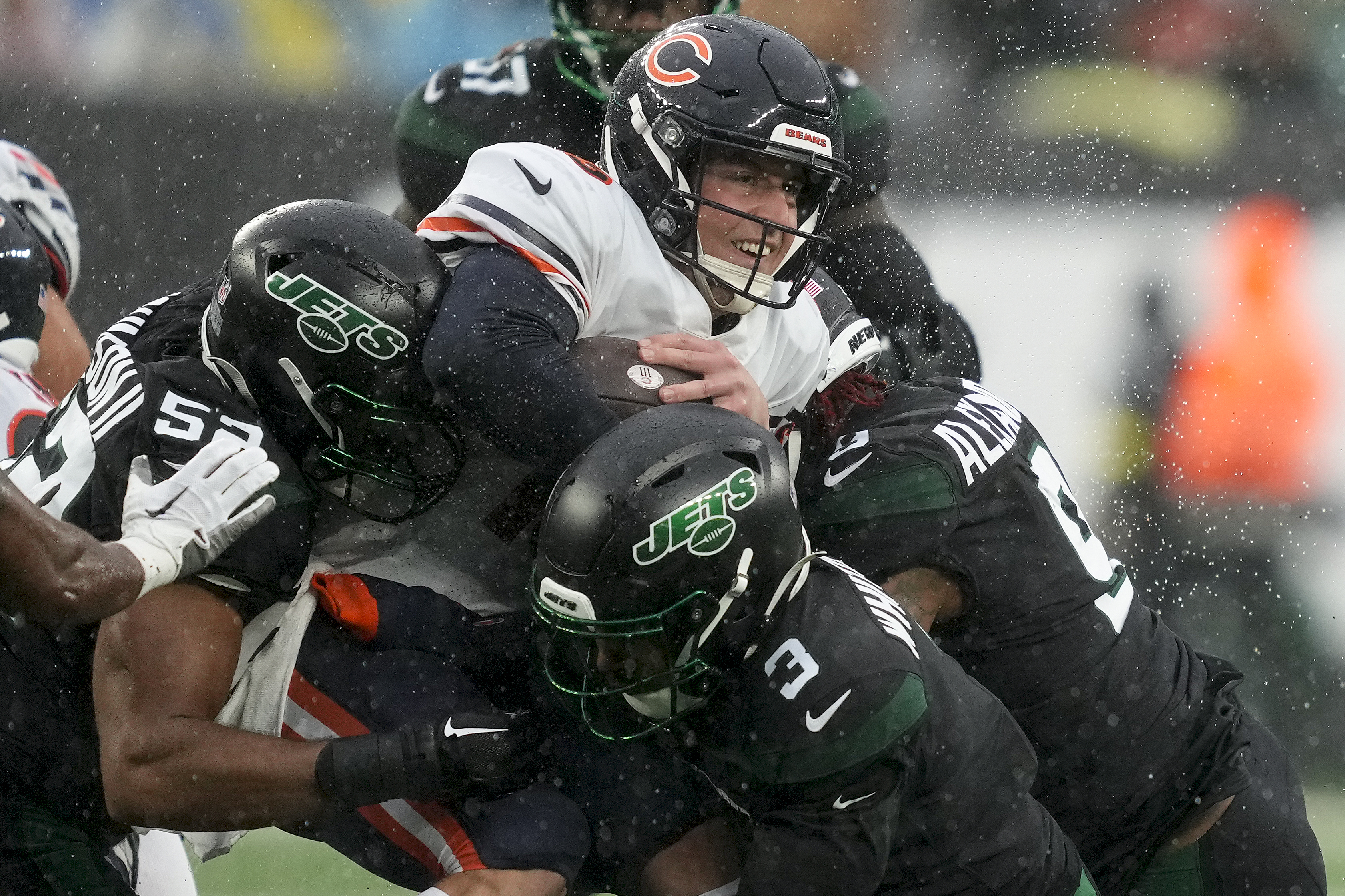 Chicago Bears wide receiver Byron Pringle (13) celebrates with Chicago Bears  wide receiver Darnell Mooney (11) after scoring a touchdown against the New  York Jets during the second quarter of an NFL