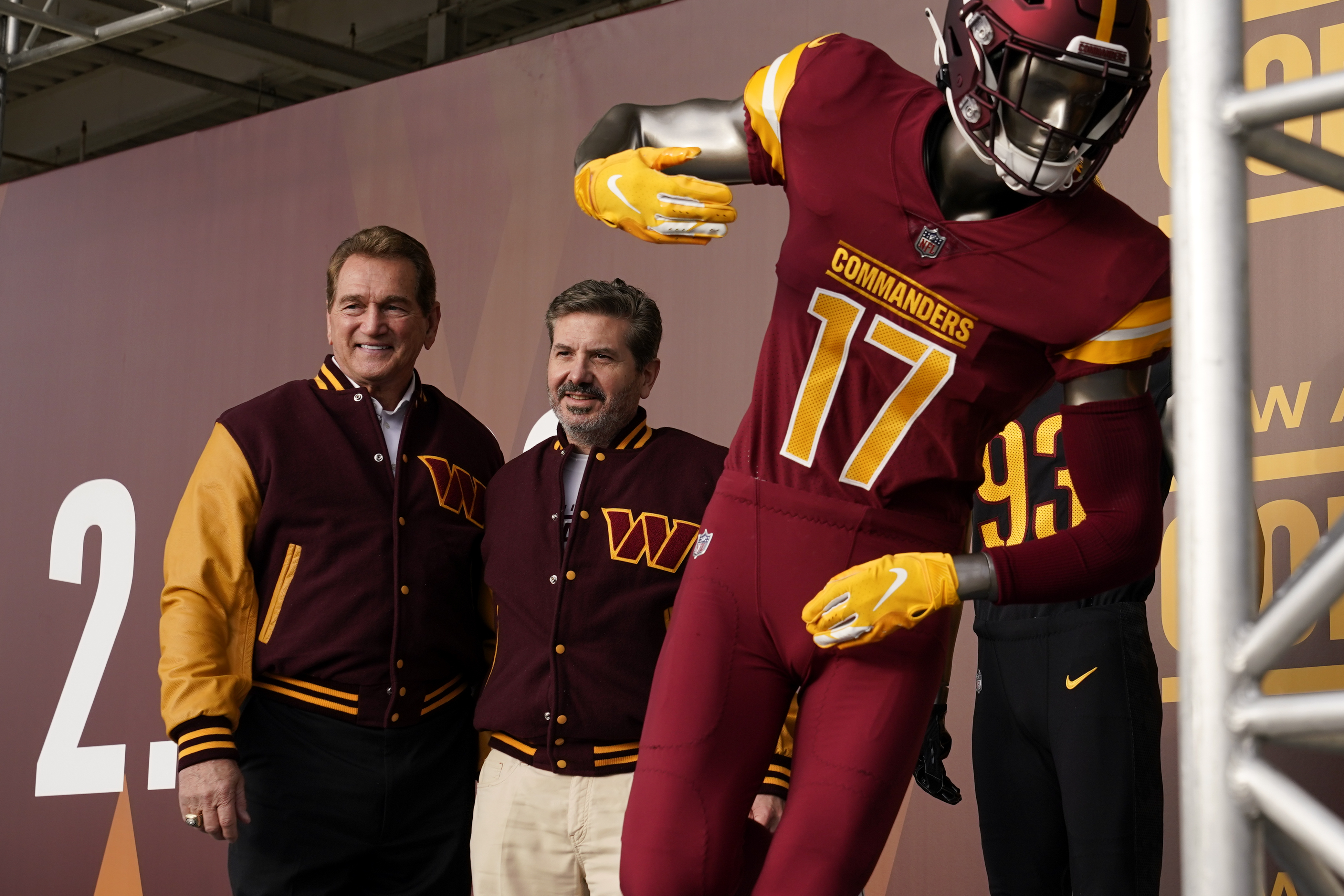 The Washington Commanders' logo is displayed on a jersey at an event to  unveil the NFL football team's new identity, Wednesday, Feb. 2, 2022, in  Landover, Md. The new name comes 18