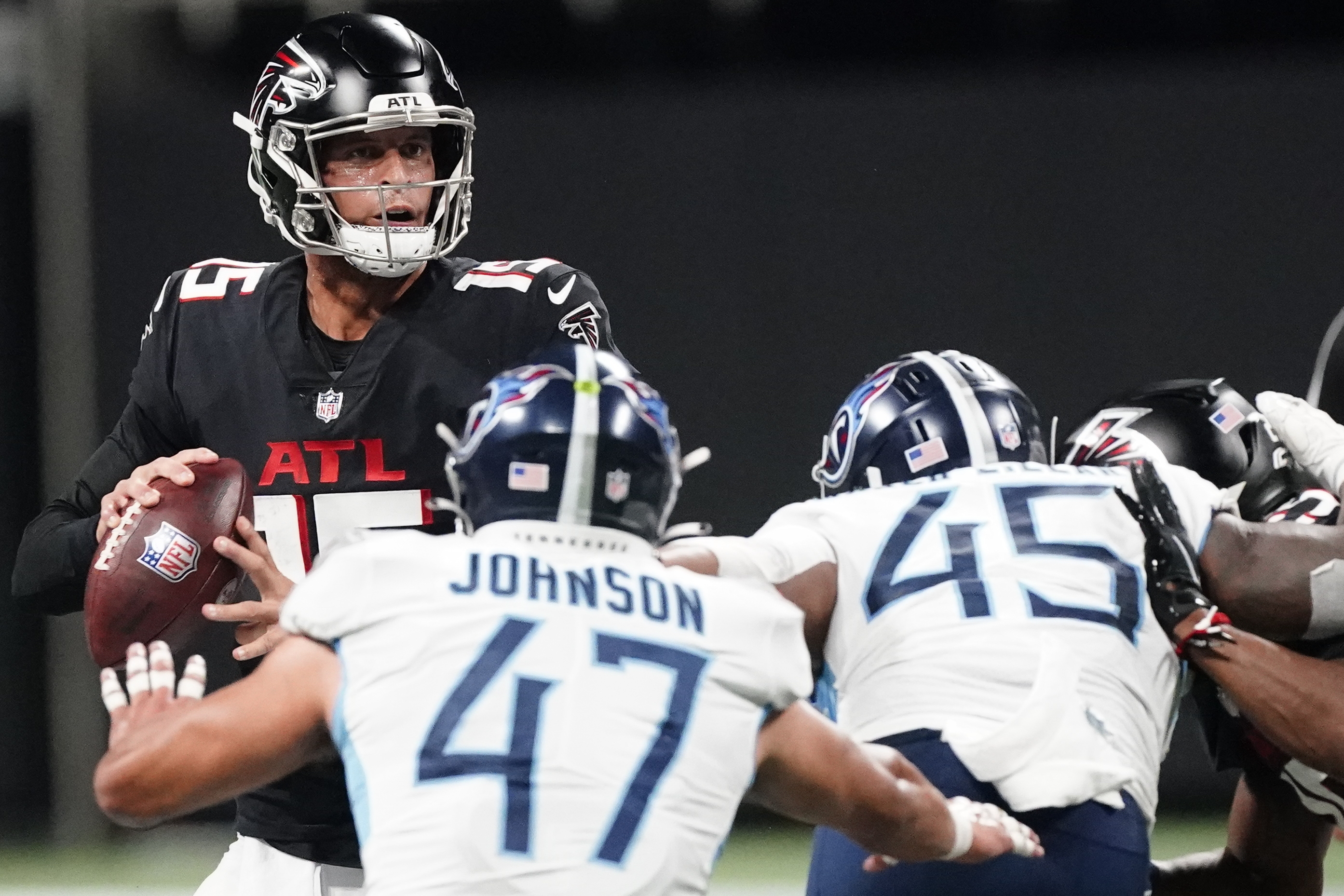 Kyle Pitts of the Atlanta Falcons looks on during pregame warmups