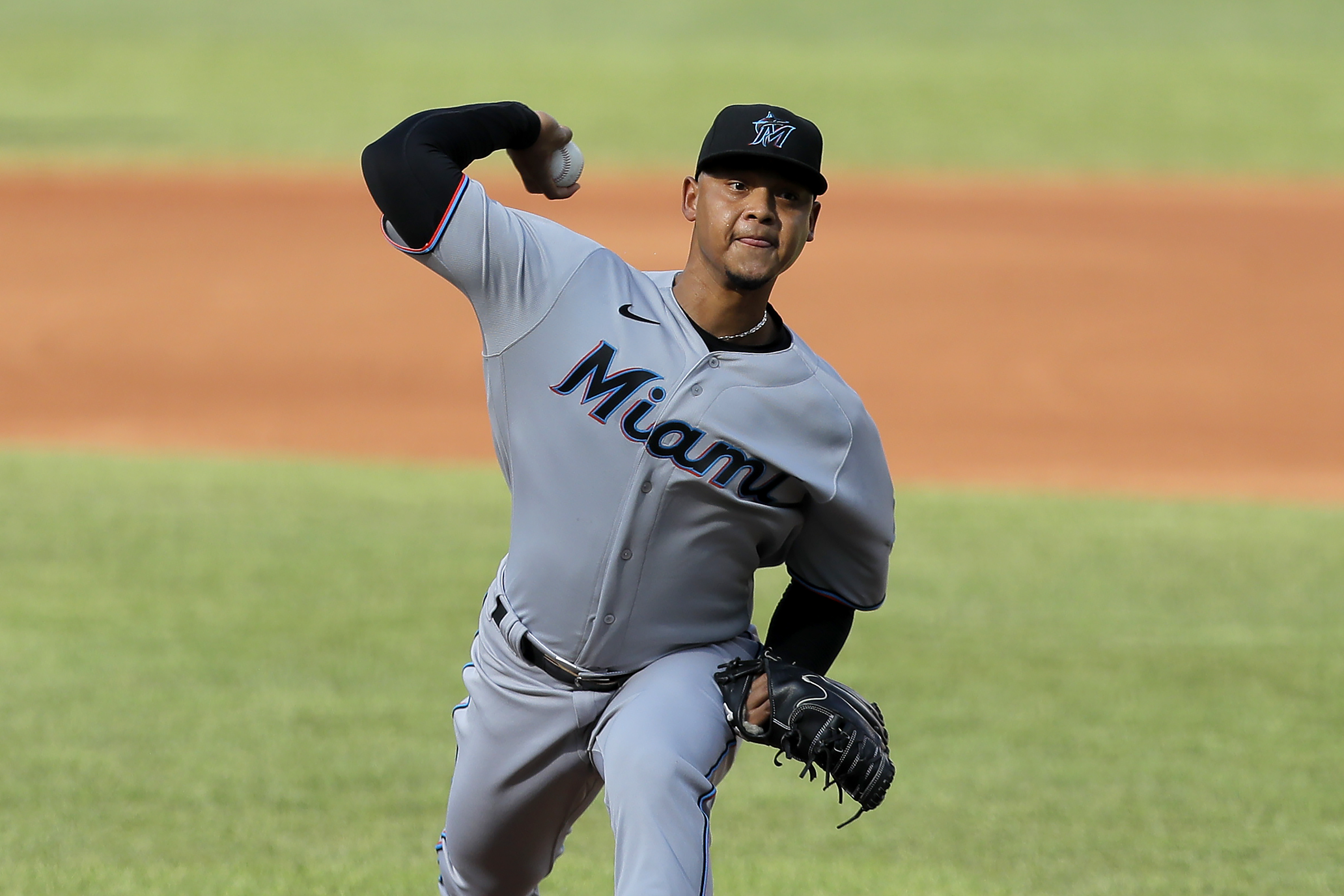 Miami Marlins' Brian Anderson playing first base vs Orioles