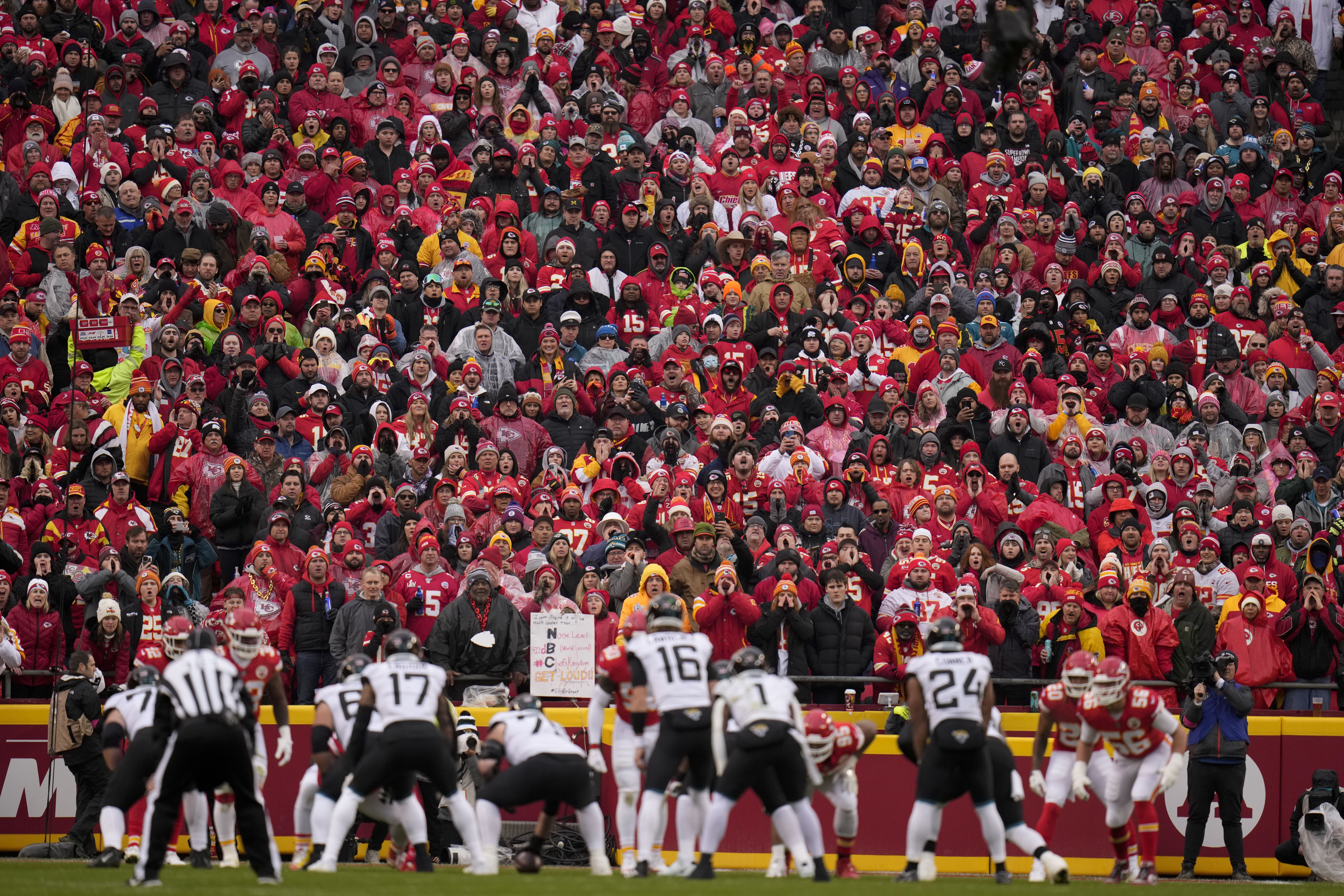 Kansas City Chiefs running back Isiah Pacheco celebrates with fans after a  win against the Jacksonville Jaguars during an NFL Divisional Playoff  football game Saturday, Jan. 21, 2023, in Kansas City, Mo. (