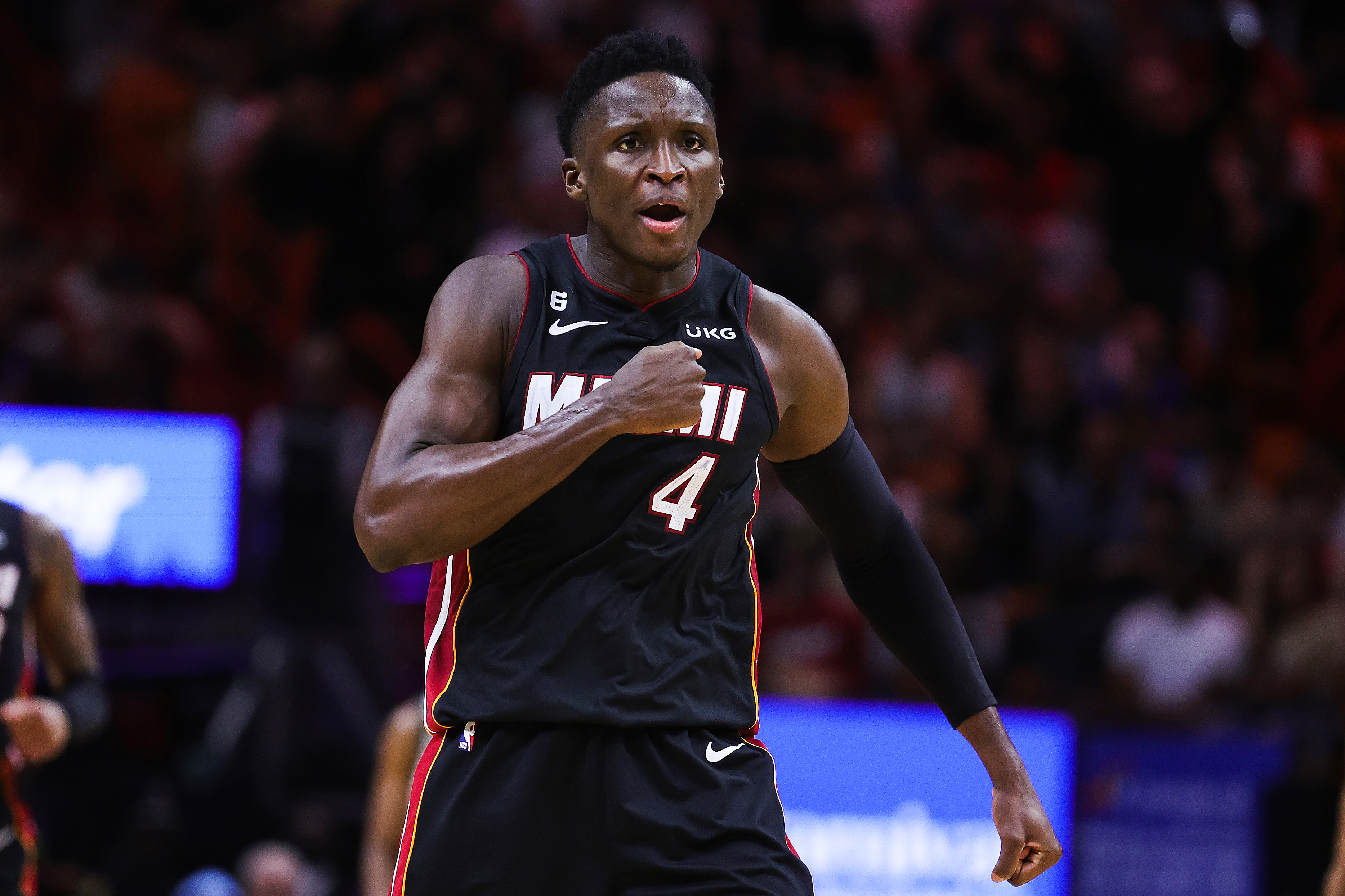 Miami Heat guard Victor Oladipo (4) aims a free throw shot during the  second half of