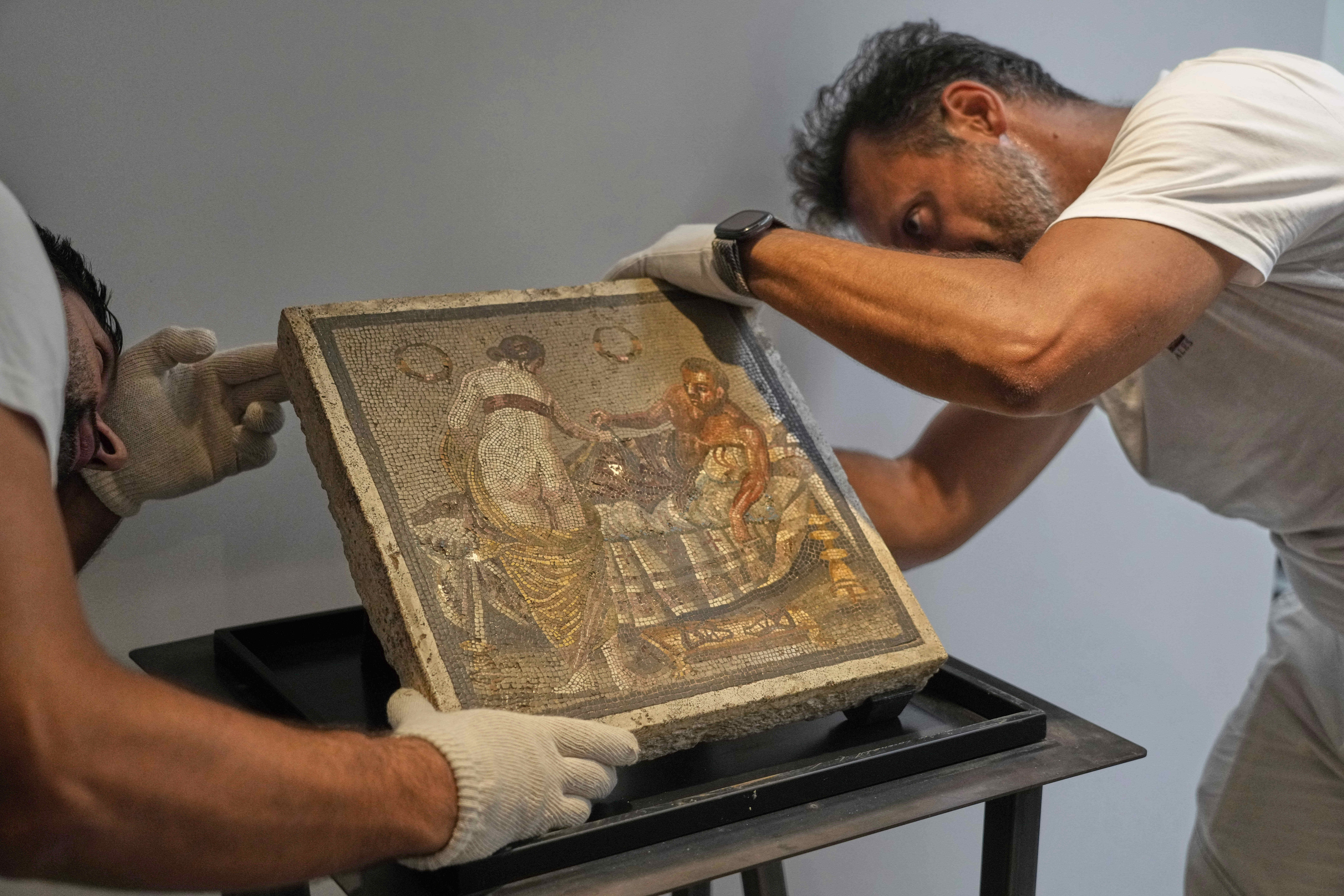 Roman-era mosaic panel with erotic theme that was stolen during