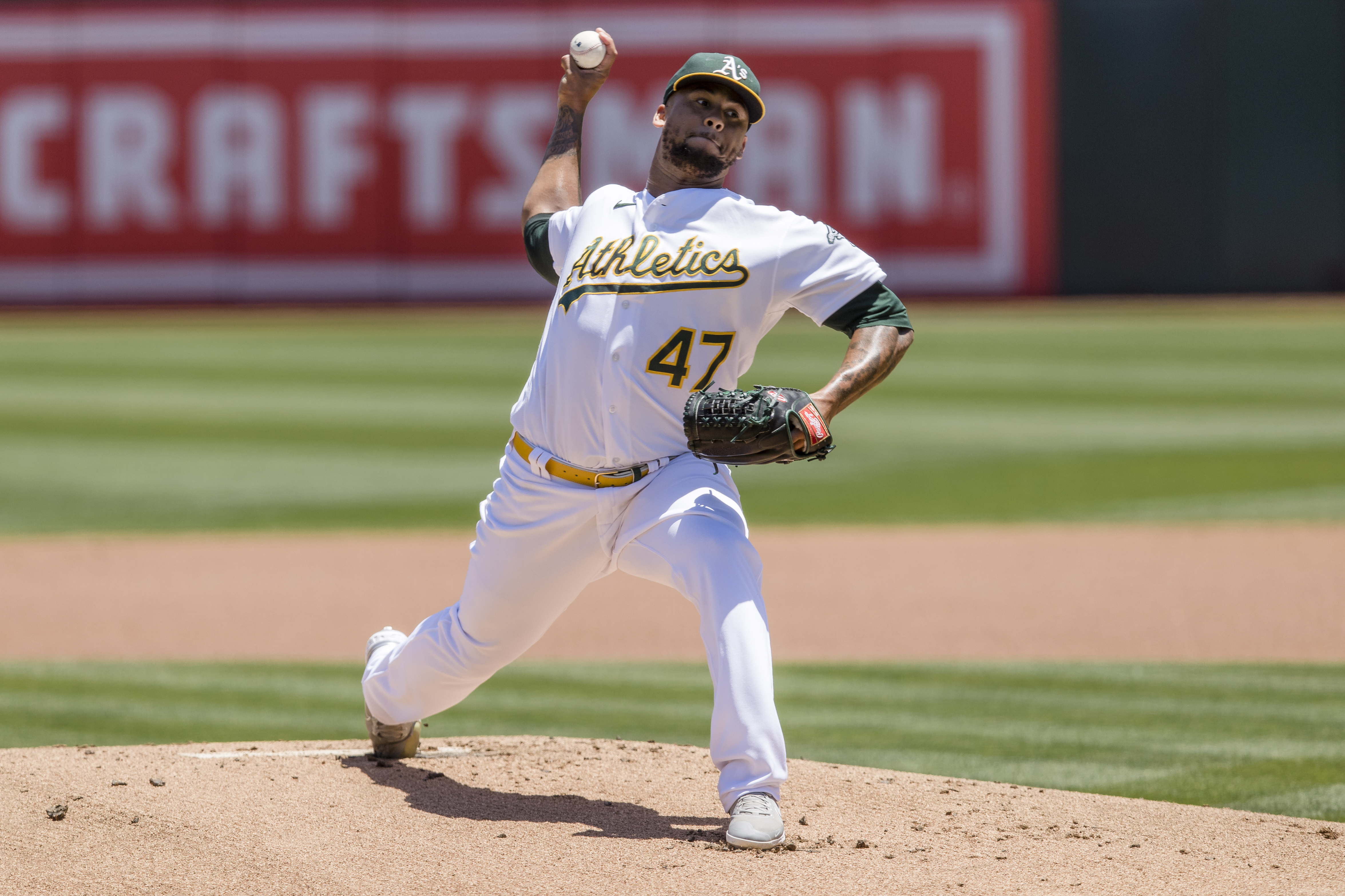 Oakland Athletics Pitcher Frankie Montas (47) throws a pitch