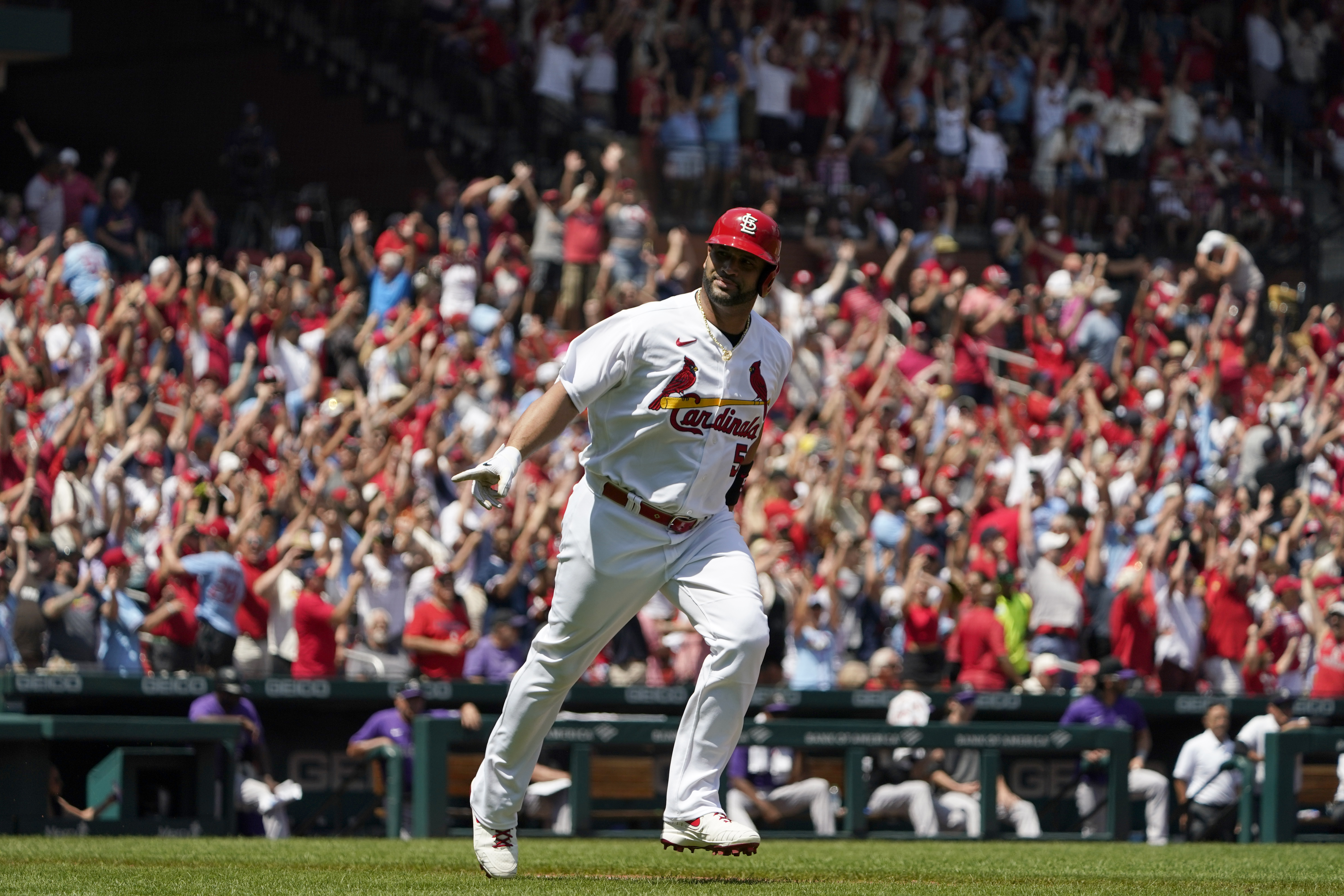 St Louis, USA . 01st May, 2022. St. Louis Cardinals Albert Pujols sets  himself for the pitch against the Arizona Diamondbacks in the first inning  at Busch Stadium in St. Louis on