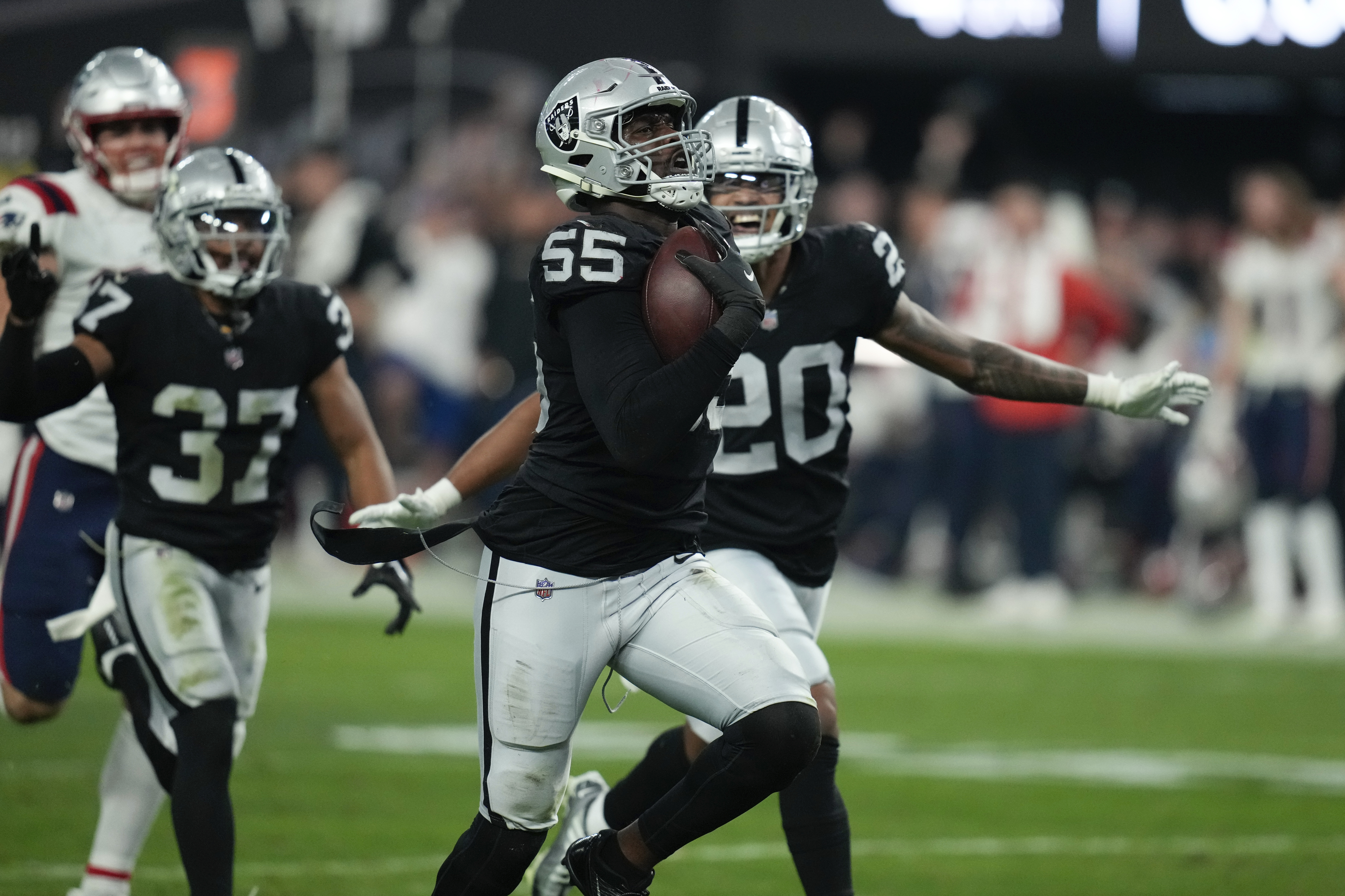 Las Vegas Raiders wide receiver Mack Hollins runs for a touchdown during  the first half of an NFL football game against the Las Vegas Raiders  Sunday, Nov. 27, 2022, in Seattle. (AP