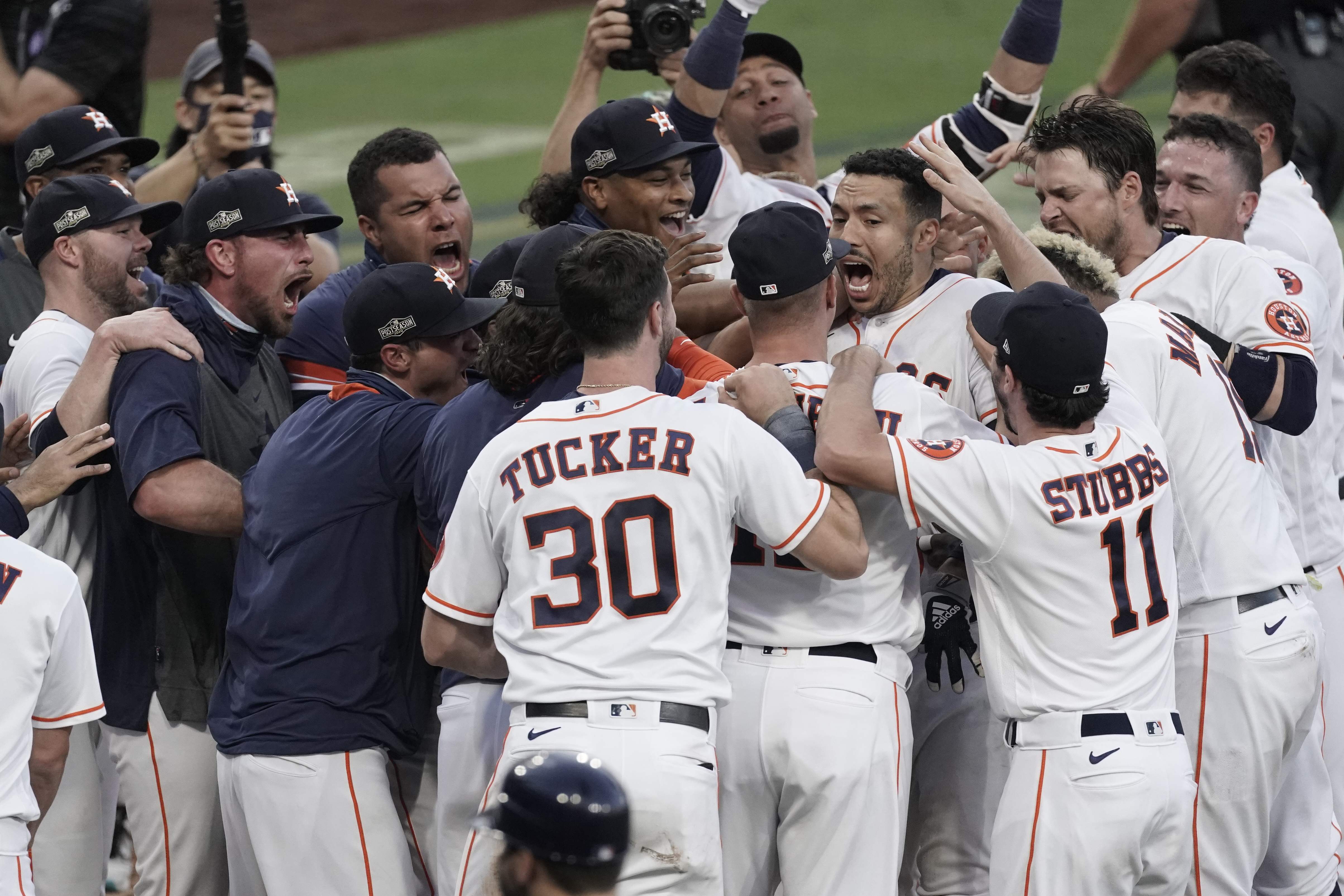 Houston, USA. 15th Oct, 2021. Houston Astros shortstop Carlos Correa  celebrates after hitting a one-run home run to put the Astros ahead 4-3 in  the 7th inning in game one of the