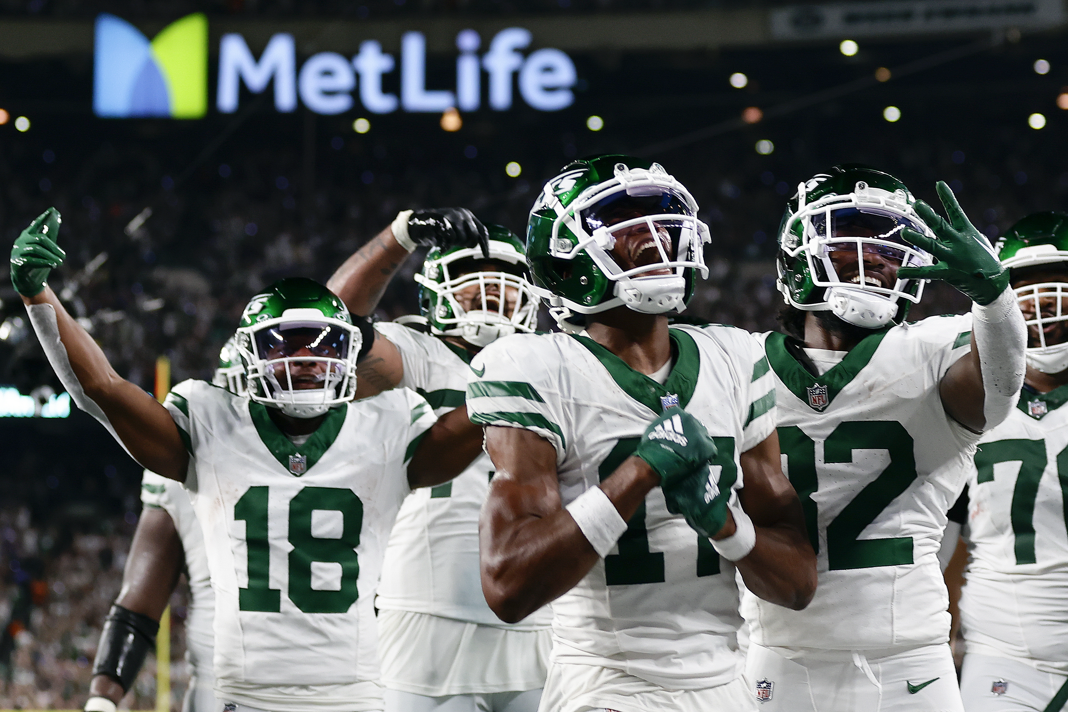 New York Jets wide receiver Garrett Wilson (17) warms up before taking on  the Miami Dolphins during an NFL football game Sunday, Oct. 9, 2022, in  East Rutherford, N.J. (AP Photo/Adam Hunger