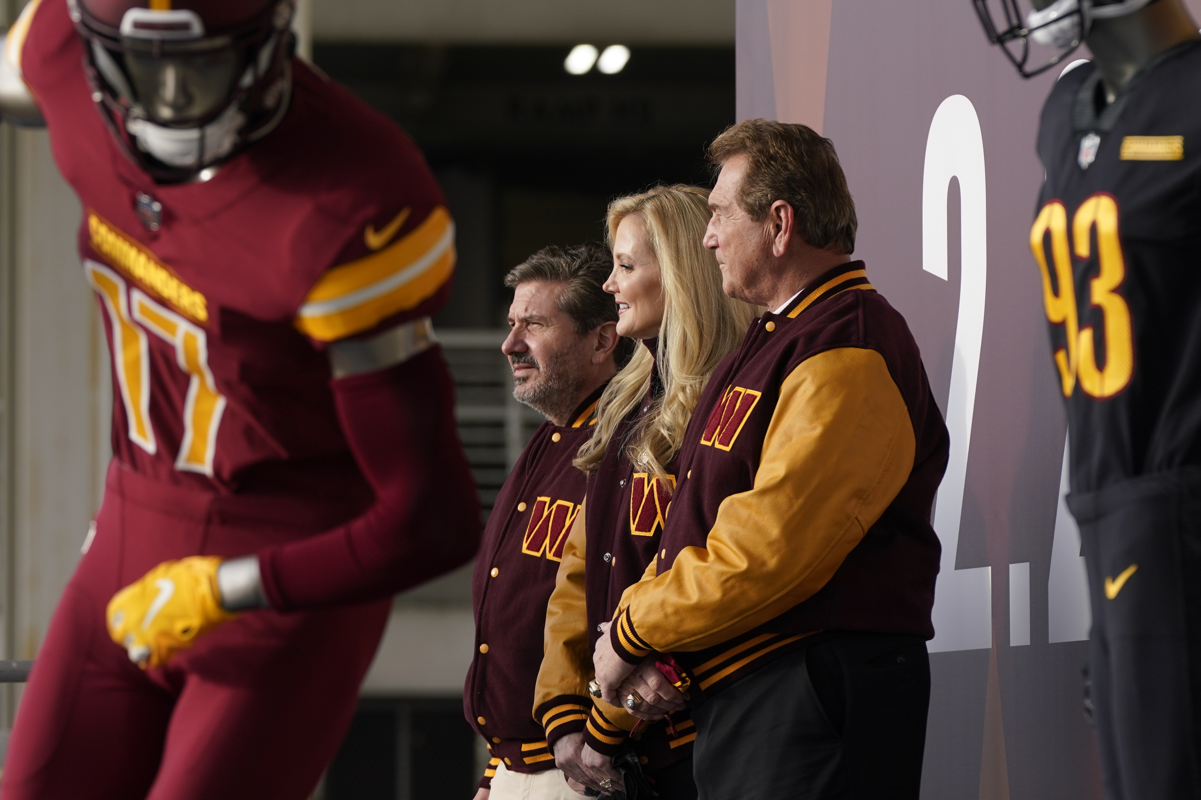 The Washington Commanders' logo is displayed on a jersey at an event to  unveil the NFL football team's new identity, Wednesday, Feb. 2, 2022, in  Landover, Md. The new name comes 18