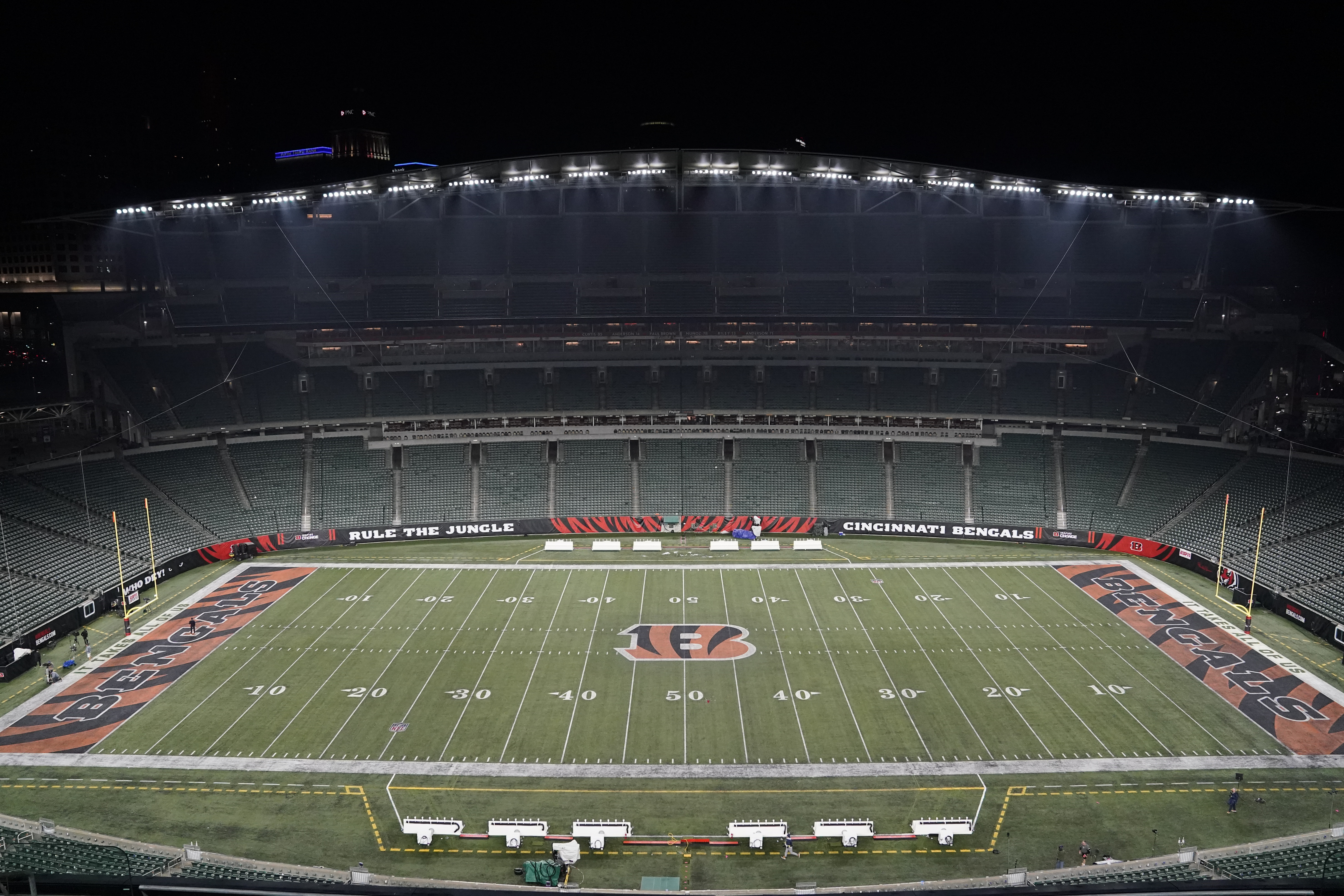 CINCINNATI, OH - JANUARY 02: Cincinnati Bengals helmets sit on the field  before the NFL football game between the Buffalo Bills and the Cincinnati  Bengals on January 2, 2023, at Paycor Stadium