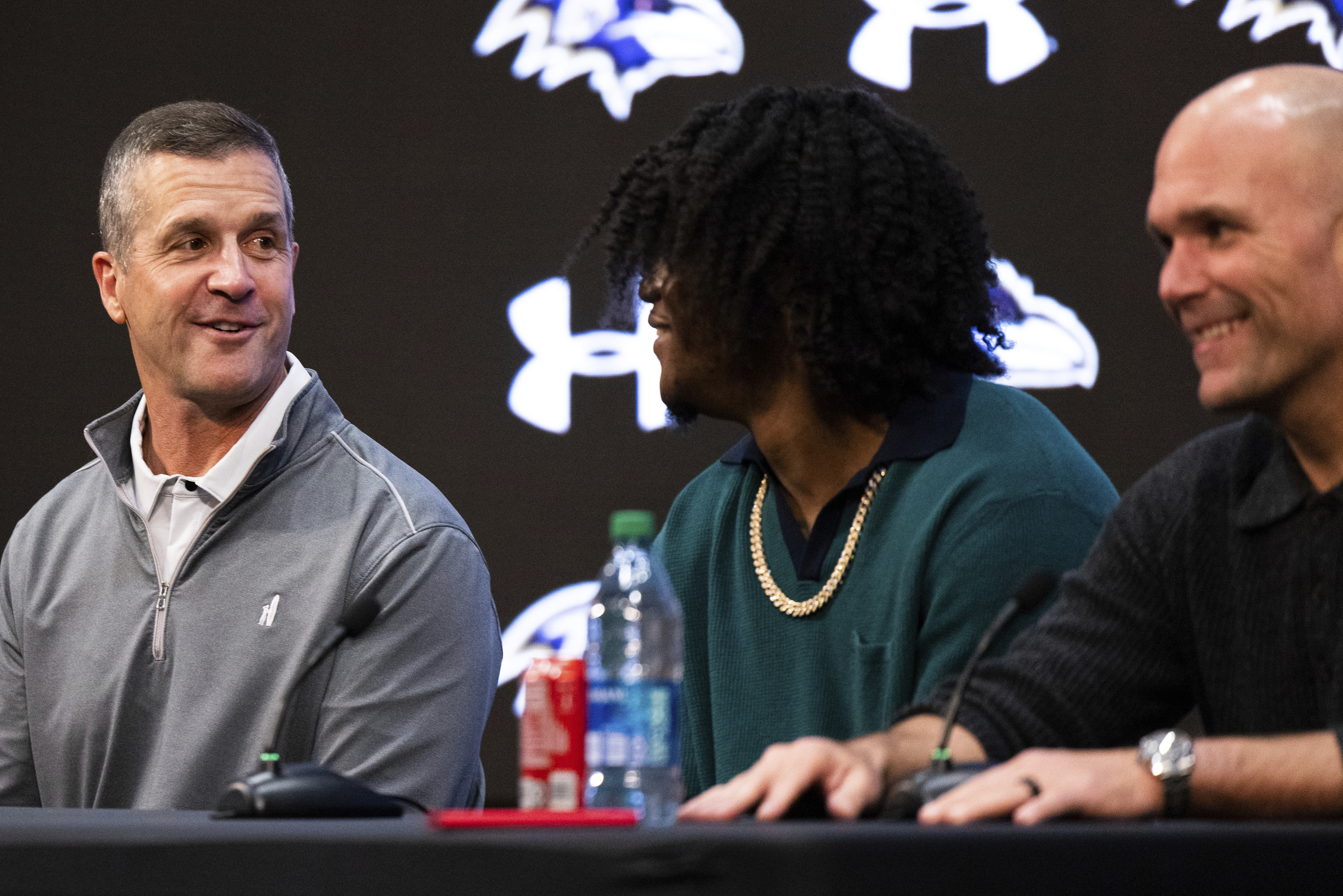 Ravens; head coach; John Harbaugh; GM Eric DeCosta; first round; draft pick;  Zay Flowers;