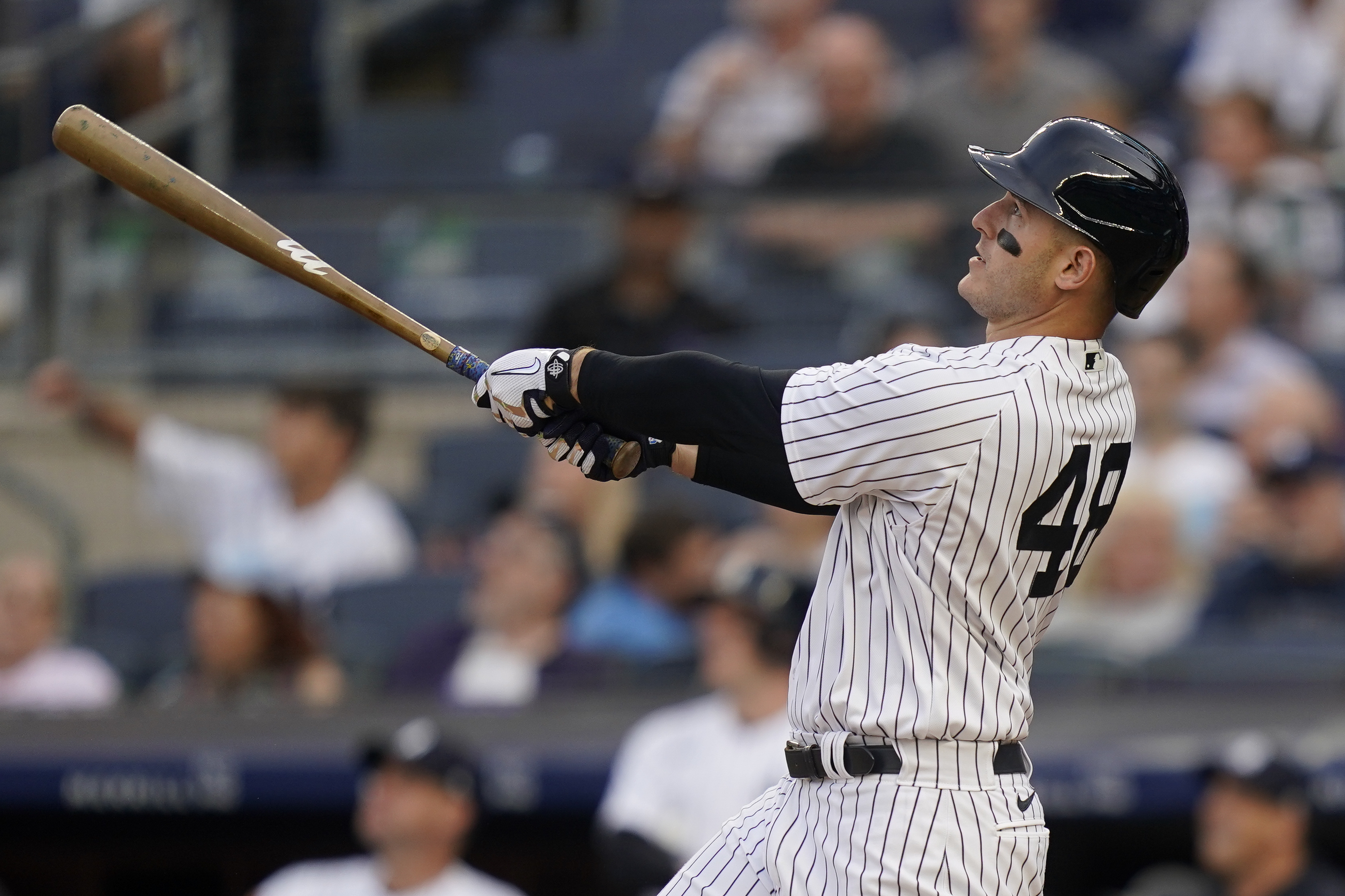 New York Yankees' Gleyber Torres reacts after hitting a single during the  ninth inning of a baseball game against the Miami Marlins, Sunday, Aug. 1,  2021, in Miami. The Yankees won 3-1. (