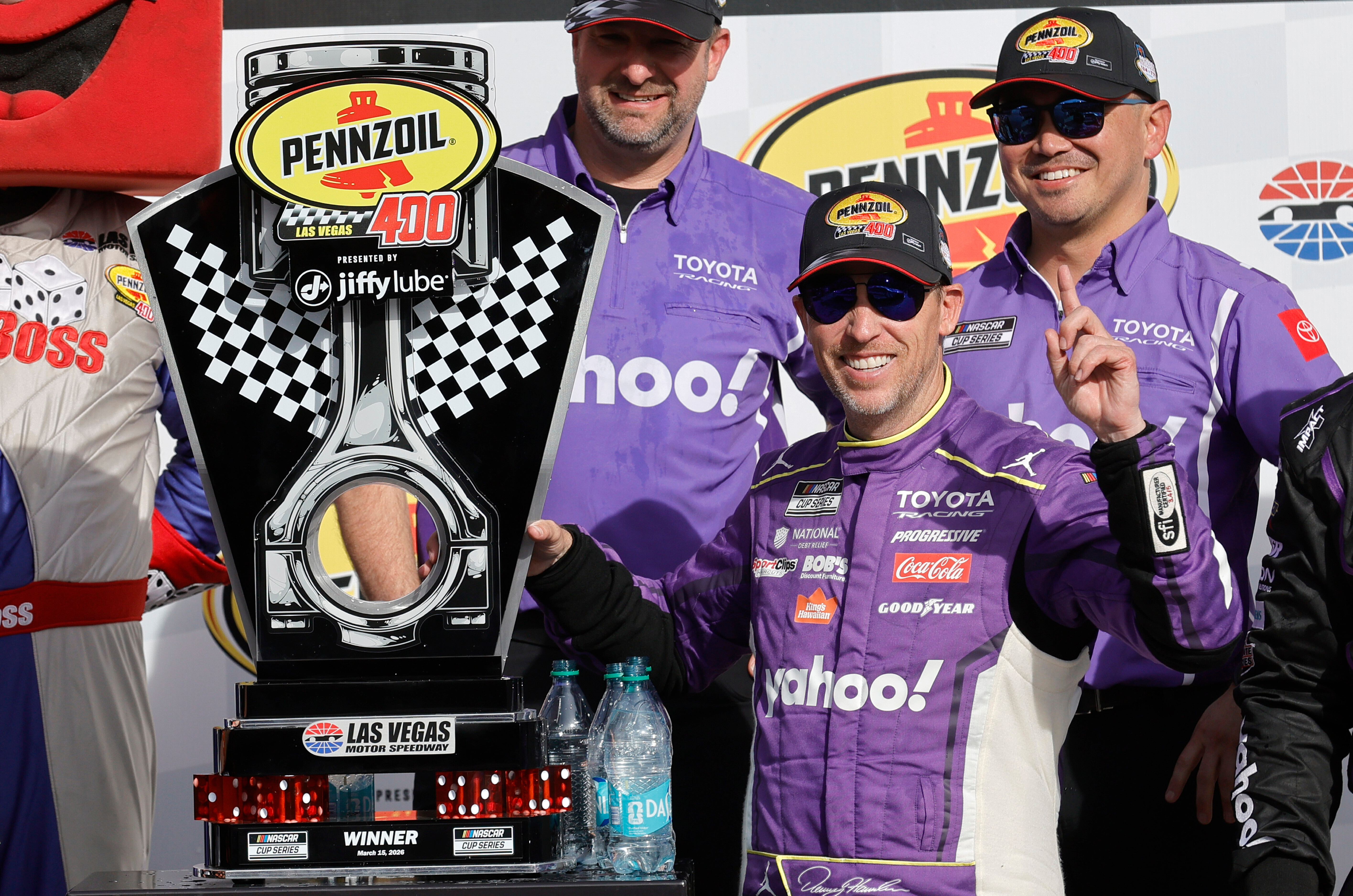 Denny Hamlin storms back to win at Las Vegas after early penalty
