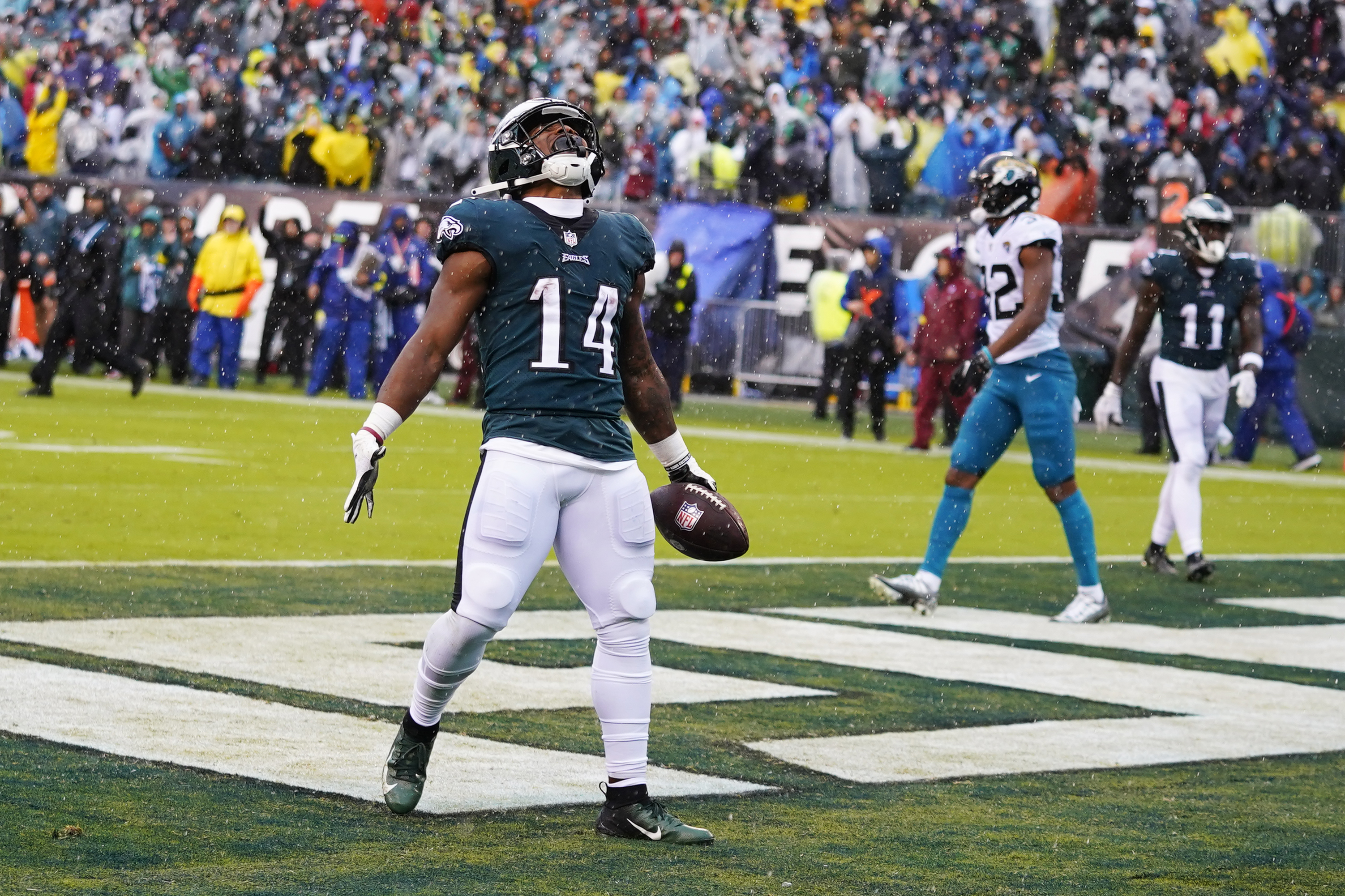 Jacksonville Jaguars safety Andre Cisco (5) returns an interception for a  touchdown against the Philadelphia Eagles during the first quarter of an  NFL football game, Sunday, Oct. 2, 2022, in Philadelphia. The