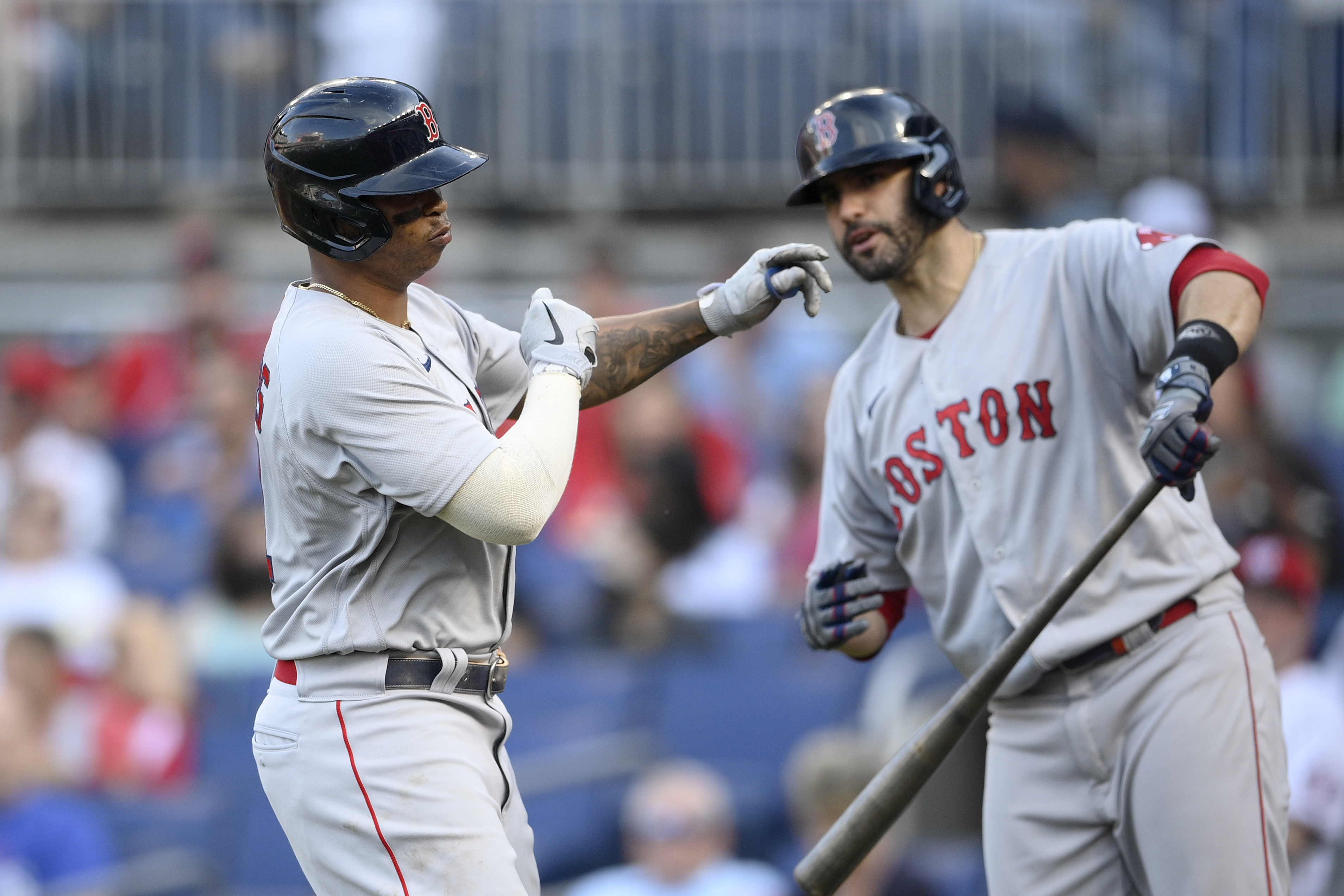 Boston Red Sox's Bobby Dalbec celebrates with Enrique Hernandez