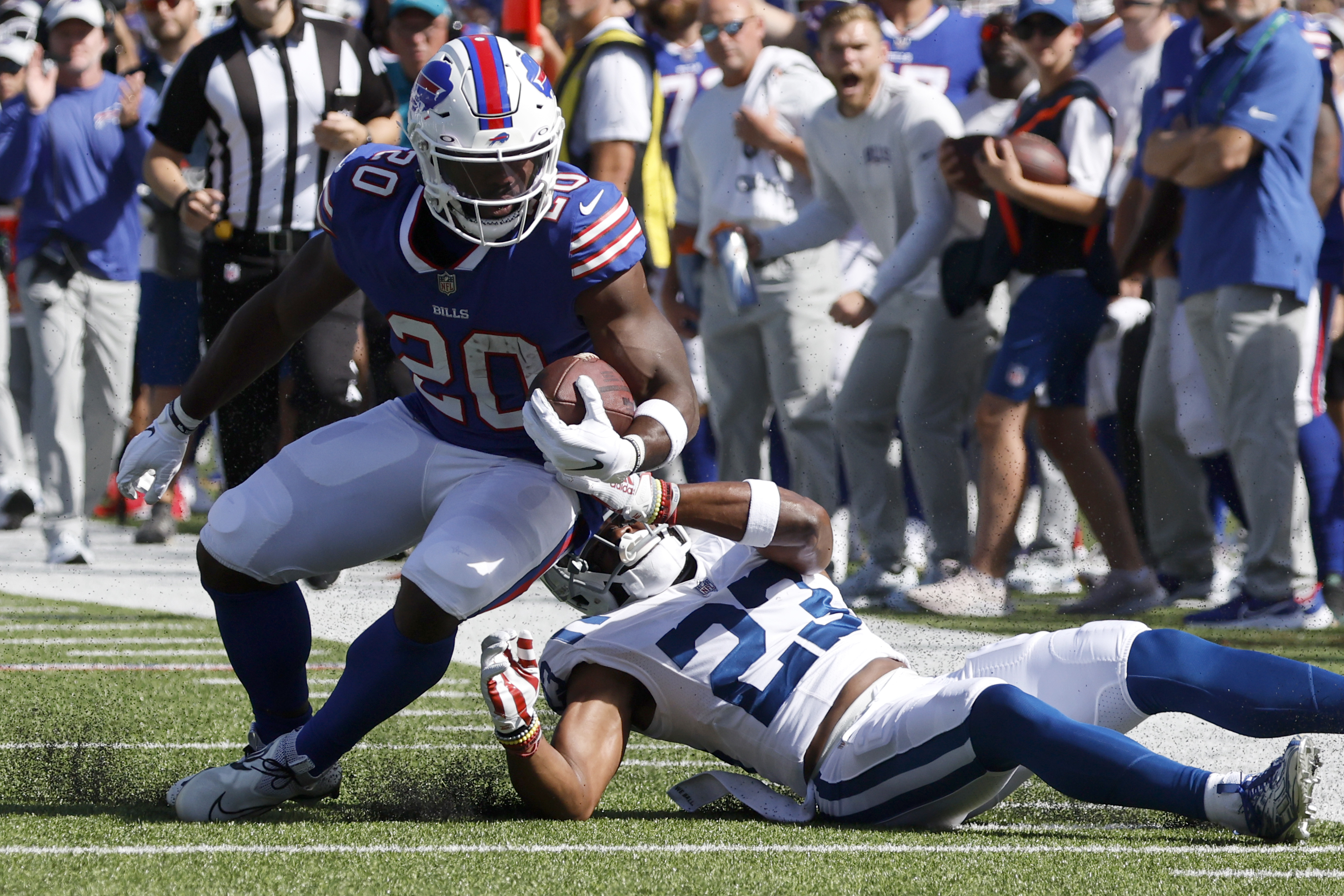 Buffalo Bills' Duke Johnson, left, celebrates after scoring a touchdown  during the second half of a preseason NFL football game against the Denver  Broncos, Saturday, Aug. 20, 2022, in Orchard Park, N.Y. (