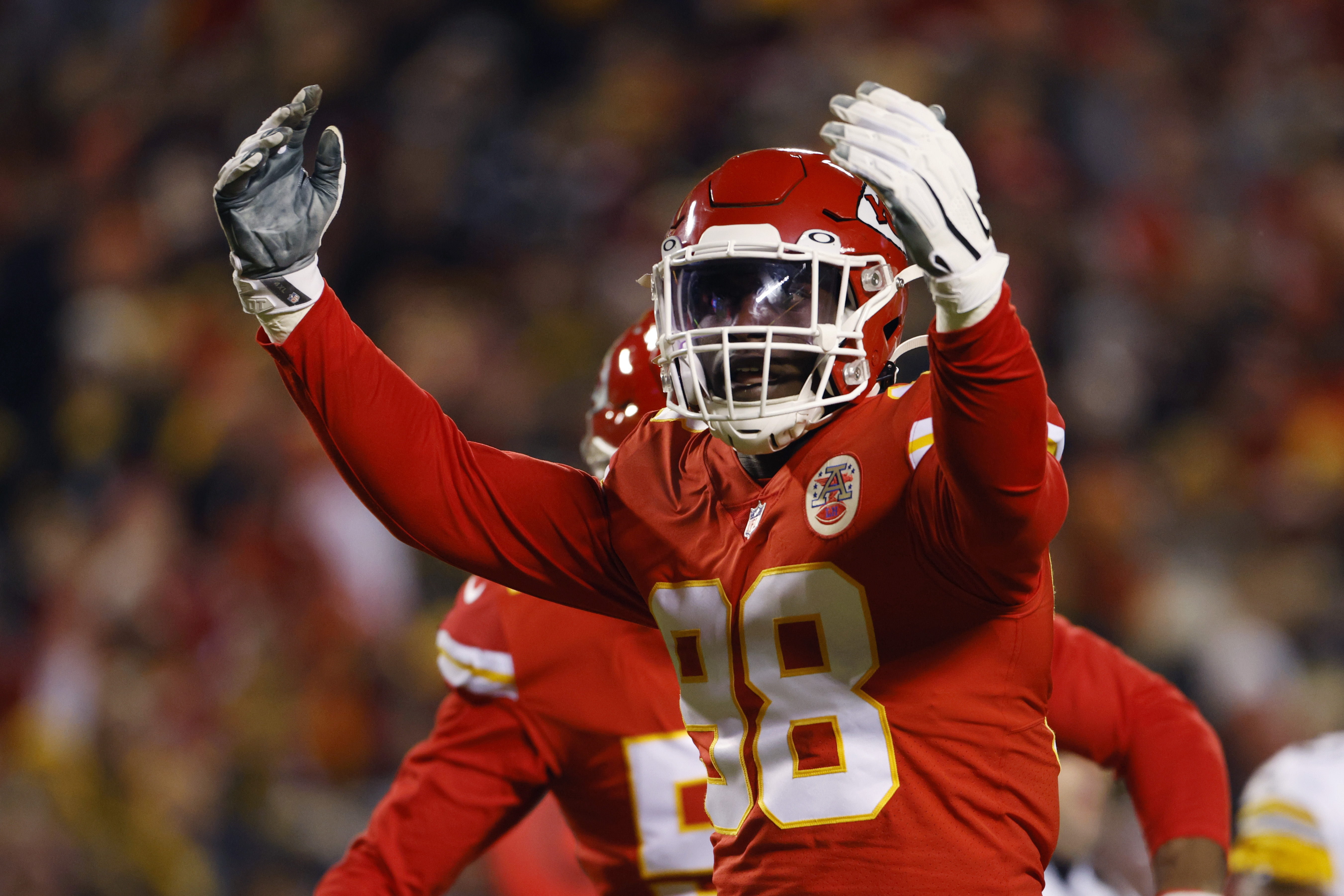 Kansas City Chiefs wide receiver Byron Pringle scores a touchdown against  the Pittsburgh Steelers during the second half of an NFL wild-card playoff  football game, Sunday, Jan. 16, 2022 in Kansas City