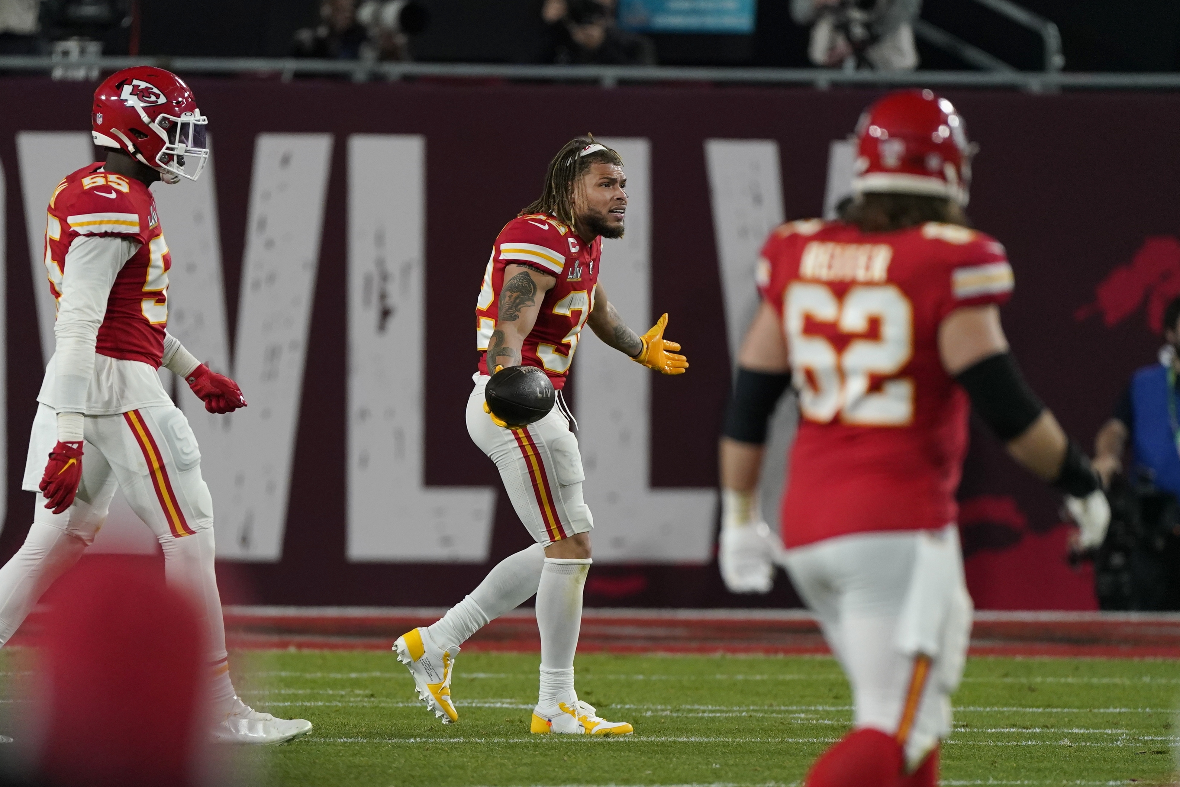 Kansas City Chiefs strong safety Tyrann Mathieu (32) runs off the field at  halftime of the NFL Super Bowl 54 football game between the San Francisco  49ers and Kansas City Chiefs Sunday