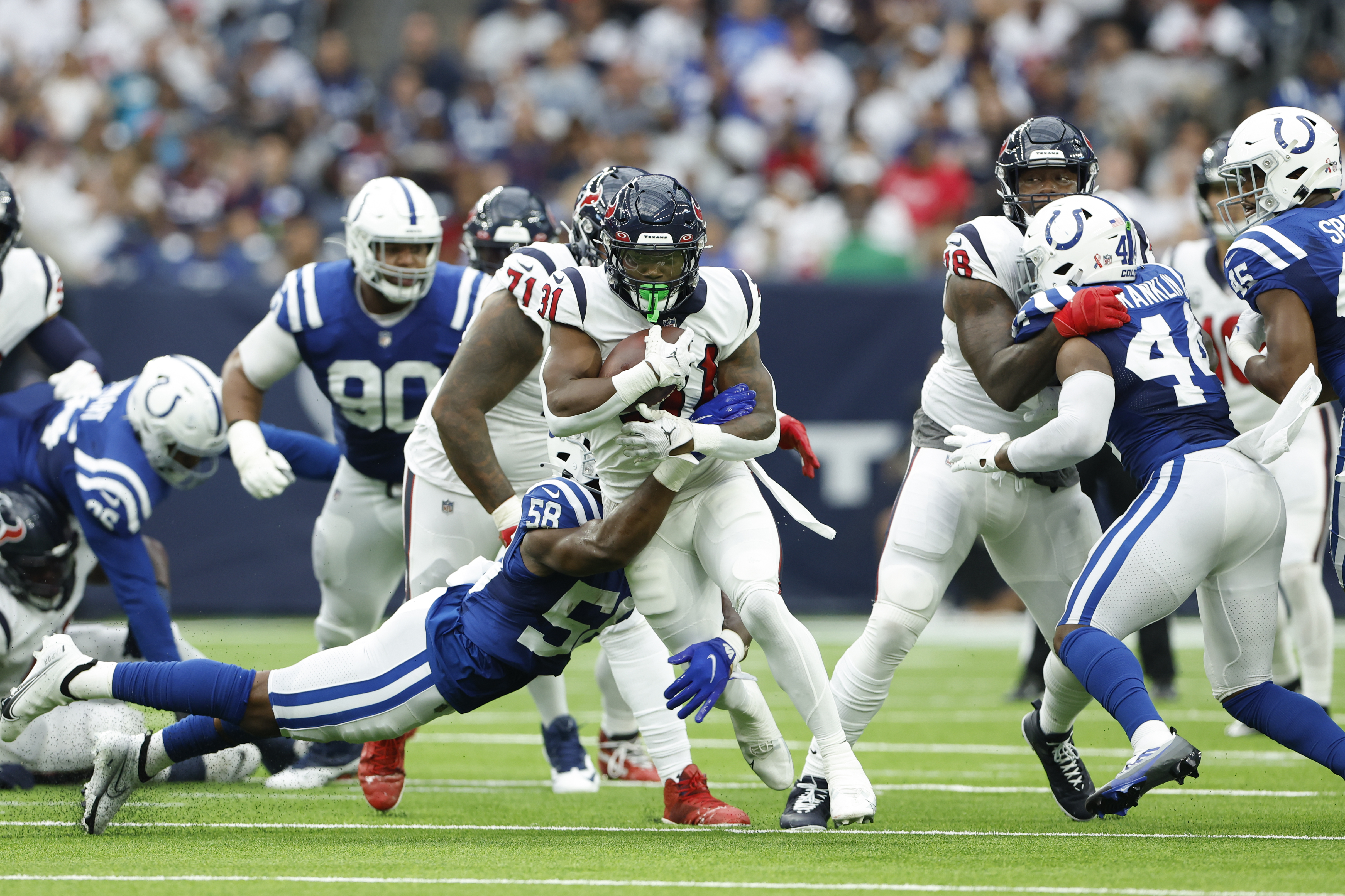 HOUSTON, TX - OCTOBER 10: The Texans punt return team awaits the snap  during the football game between the New England Patriots and Houston Texans  at NRG Stadium on October 10, 2021