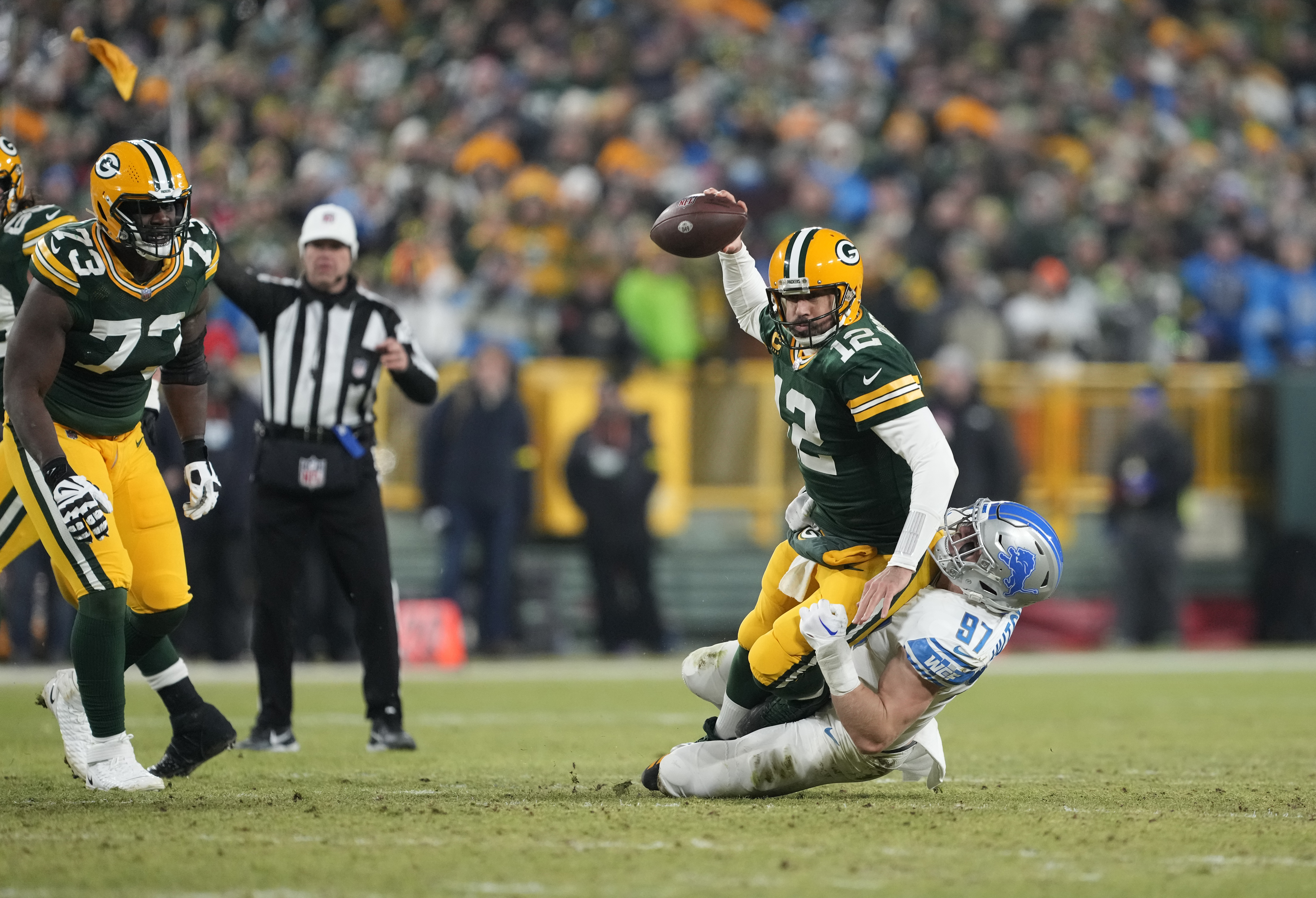 Watch: Lions rookies Kerby Joseph and Aidan Hutchinson pick off Aaron  Rodgers in the end zone