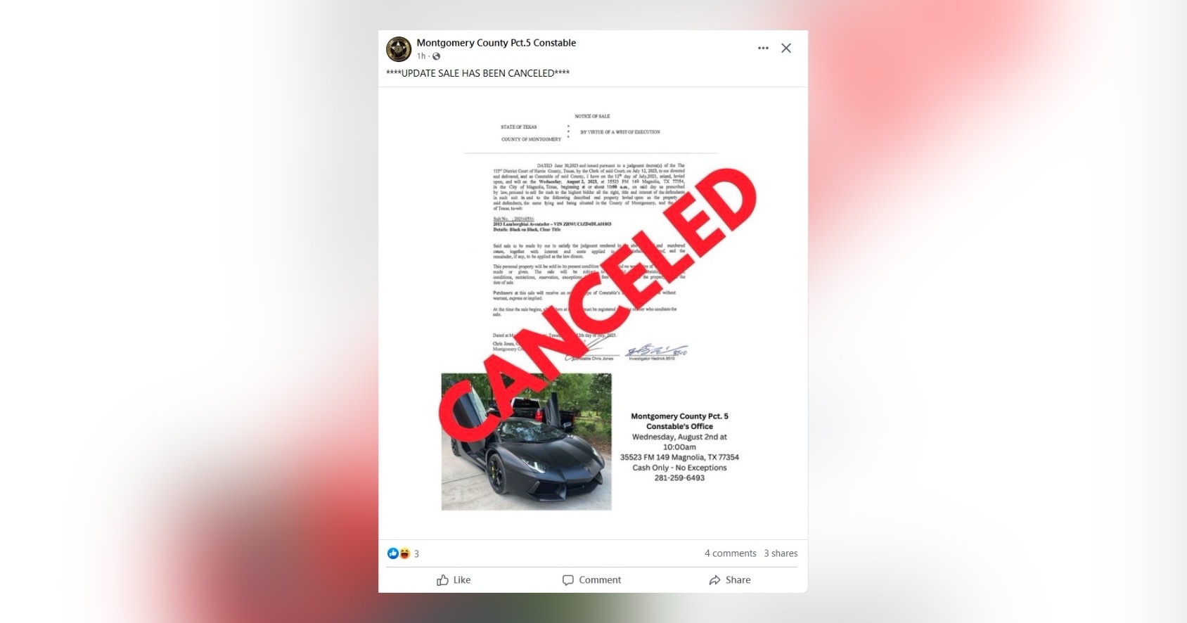 Lambo is a no-go: Montgomery County Pct. 5 pulls plug on auction for seized  black-on-black Lamborghini