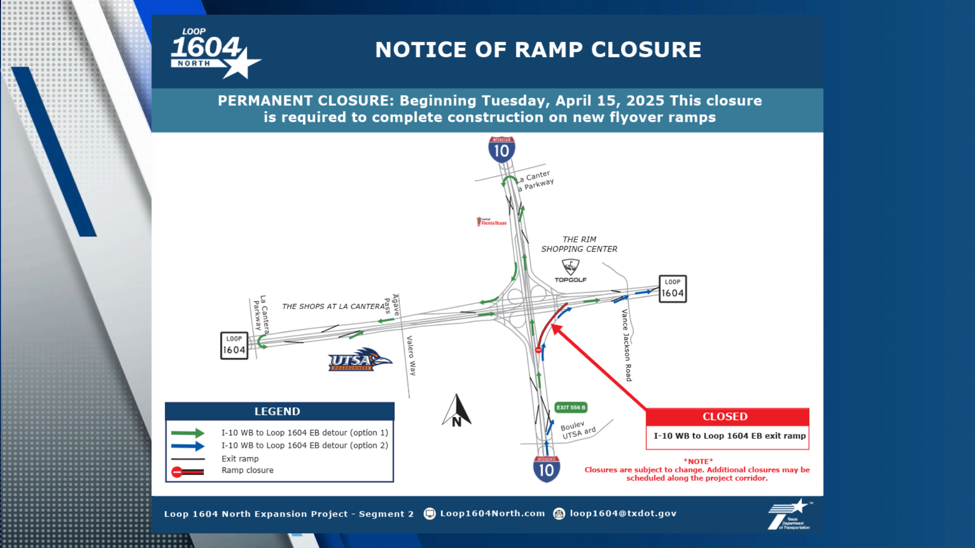 TxDOT: Westbound I-10 ramp to eastbound Loop 1604 to close for
