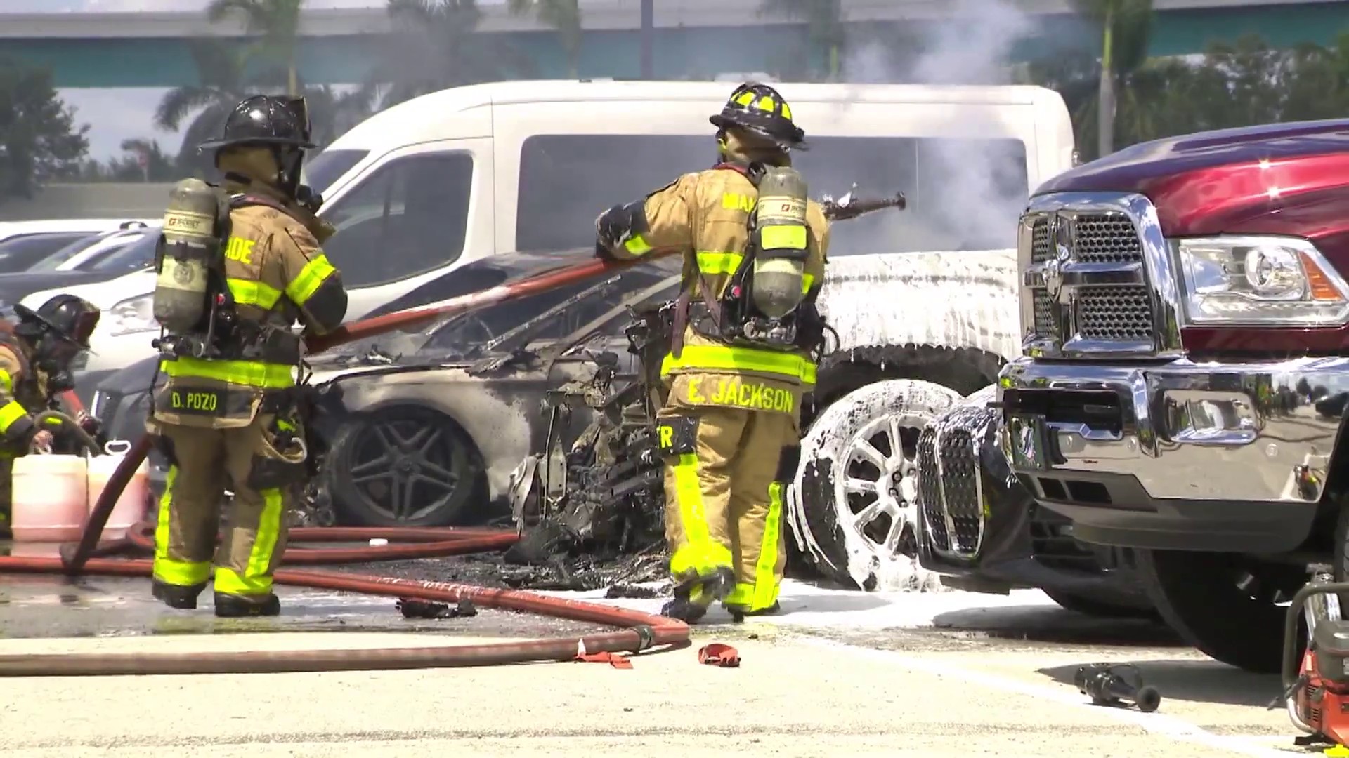 Several vehicles catch fire outside Hard Rock Stadium during Miami