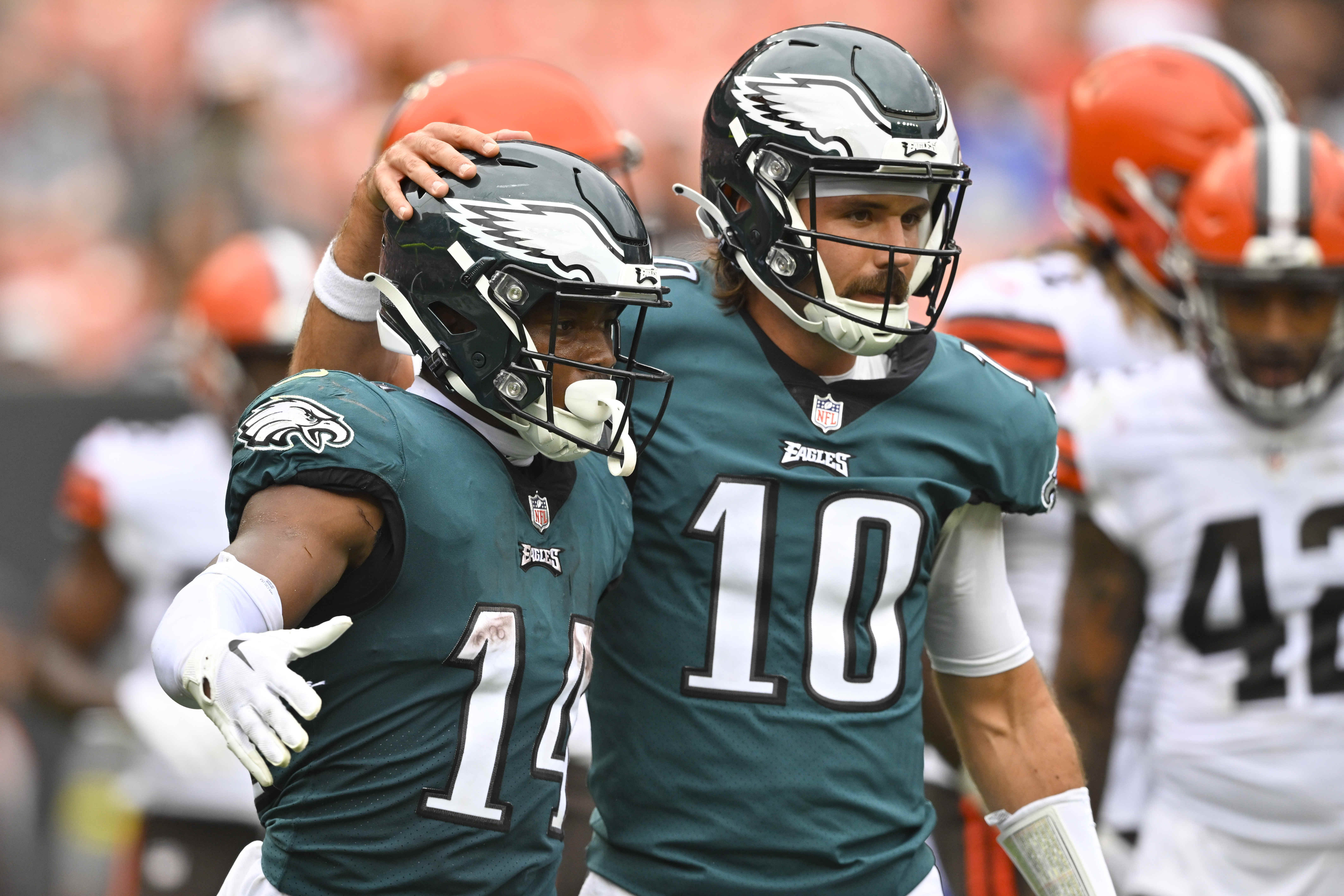 Philadelphia Eagles wide receiver Devon Allen (39) runs on the field during  an NFL preseason football game against the Cleveland Browns, Sunday, Aug.  21, 2022. The Eagles won 21-20. (AP Photo/David Richard